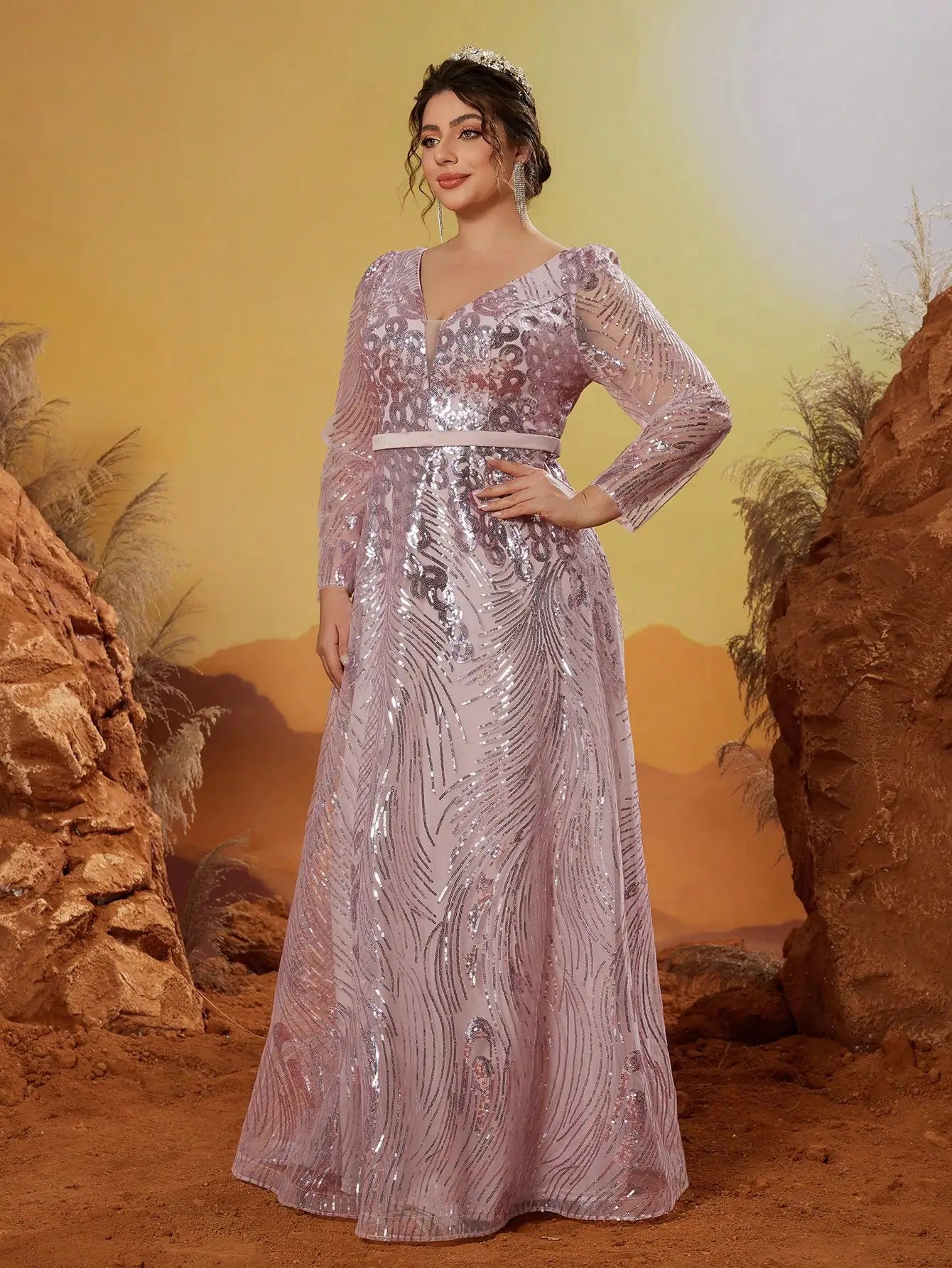 Mgiacy New Arrival V neck Noble Large size Evening gown dress Sequin belt Long dress