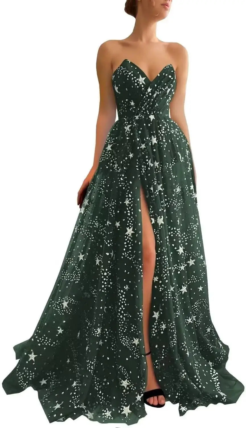 V Neck Women's Sparkle Starry Tulle Prom Dresses Strapless Slit Formal Evening Party Gowns Formal Dress Women Elegant