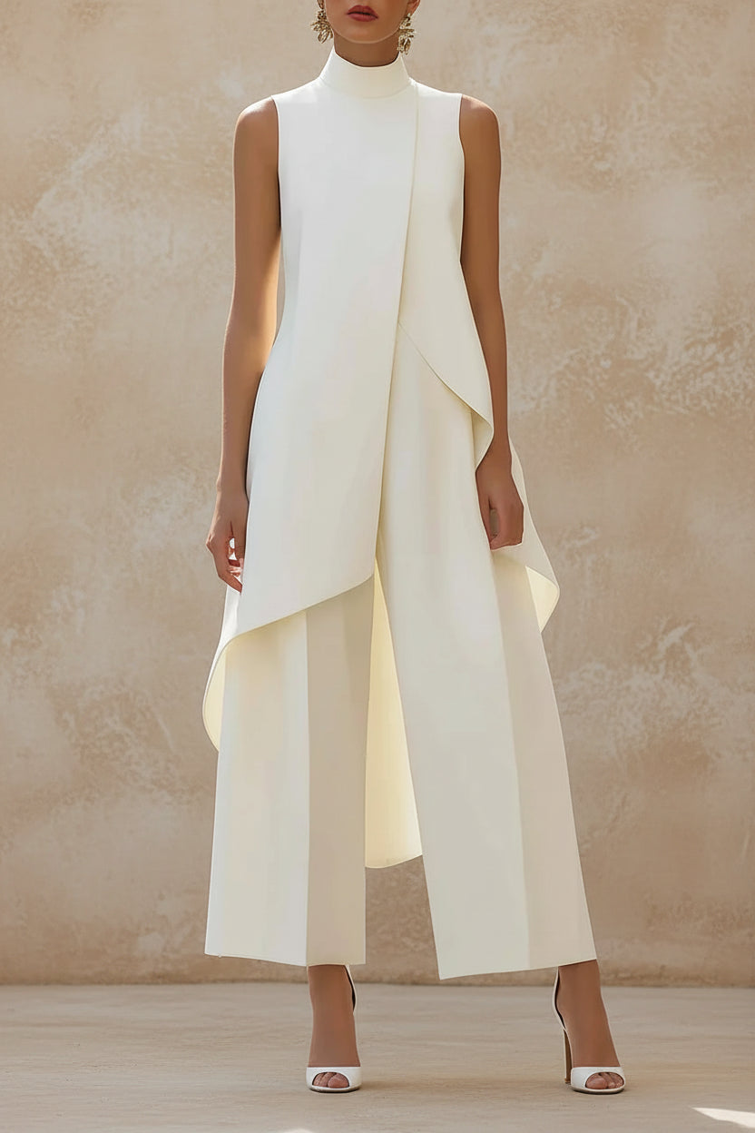 Sleeveless High Neck Asymmetrical Layered Wide Leg Jumpsuit for Women Elegant Formal Evening Wear