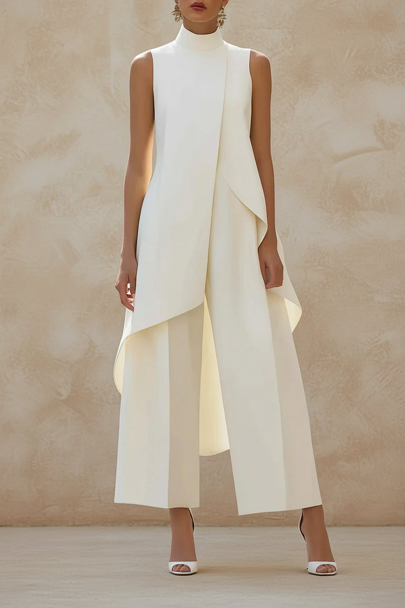 Sleeveless High Neck Asymmetrical Layered Wide Leg Jumpsuit for Women Elegant Formal Evening Wear