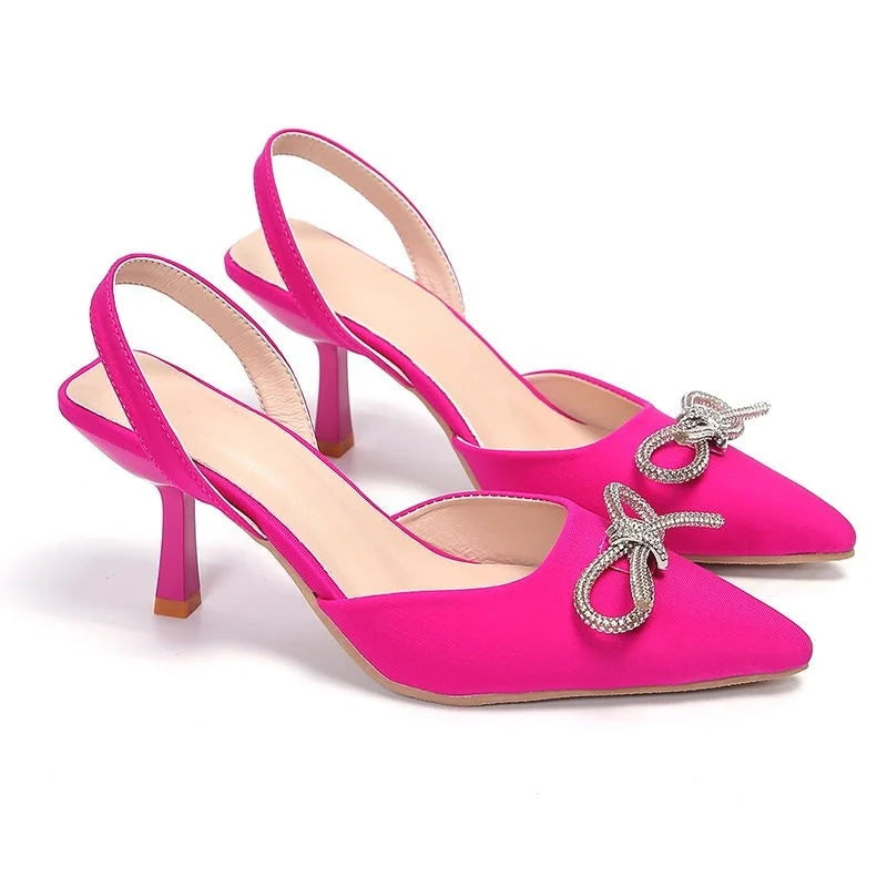 Plus-size pointed-toe high-heeled sandals - 2025 summer new style, high-quality, niche women's shoes, bow tie thin heel sandals