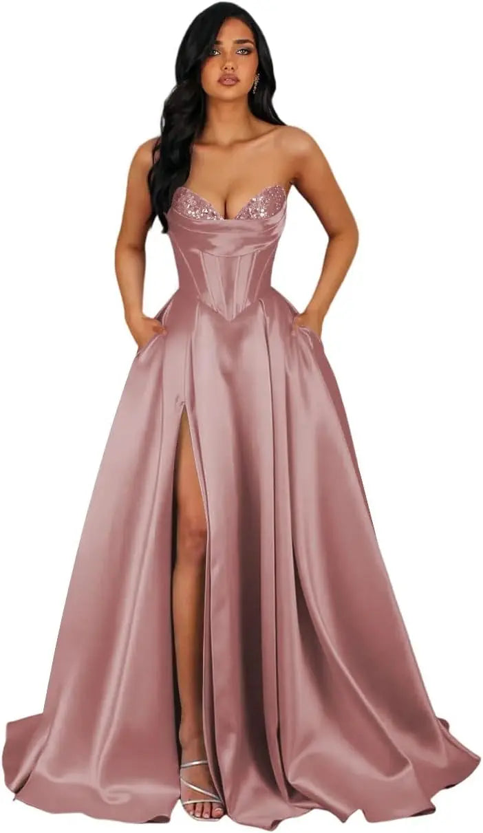 Strapless Sequin Prom Dresses Long with Slit Satin Formal Party Dress