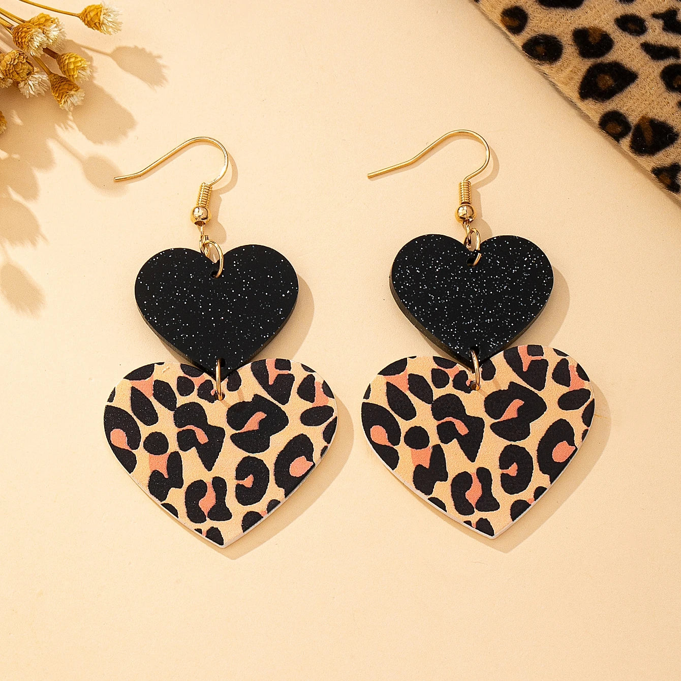 Women's Pendant Earrings Leopard Print Two Hearts Leopard Print Earrings Suitable for Daily Wear and Vacation Wear