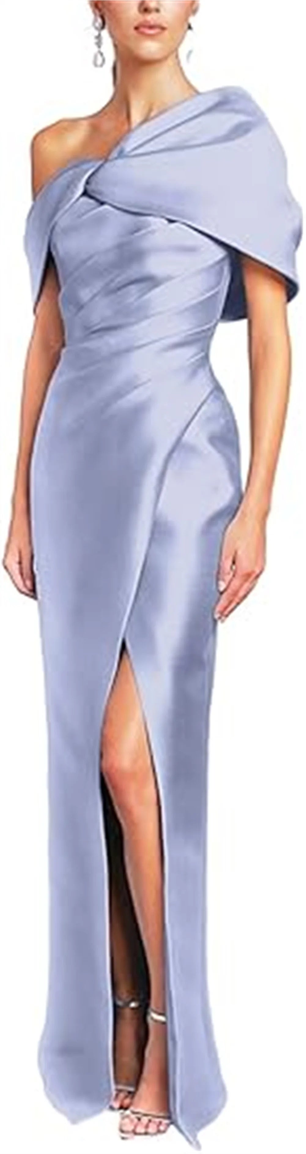 Women Mermaid Satin Floor Length Evening Gowns Sheath High Side Slit One Shoulder Ruched Backless Wedding Guest Dress