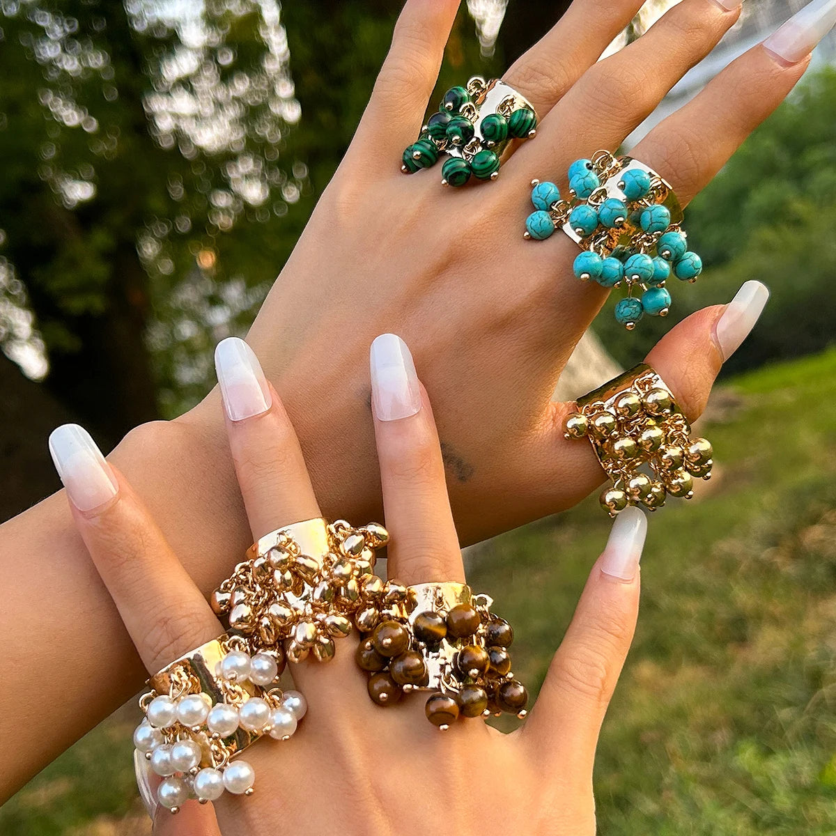 KunJoe Vintage Colourful Natural Stone Beads Open Ring Women Bohemian Imitation Pearl Chunky Wide Finger Rings Party Accessories