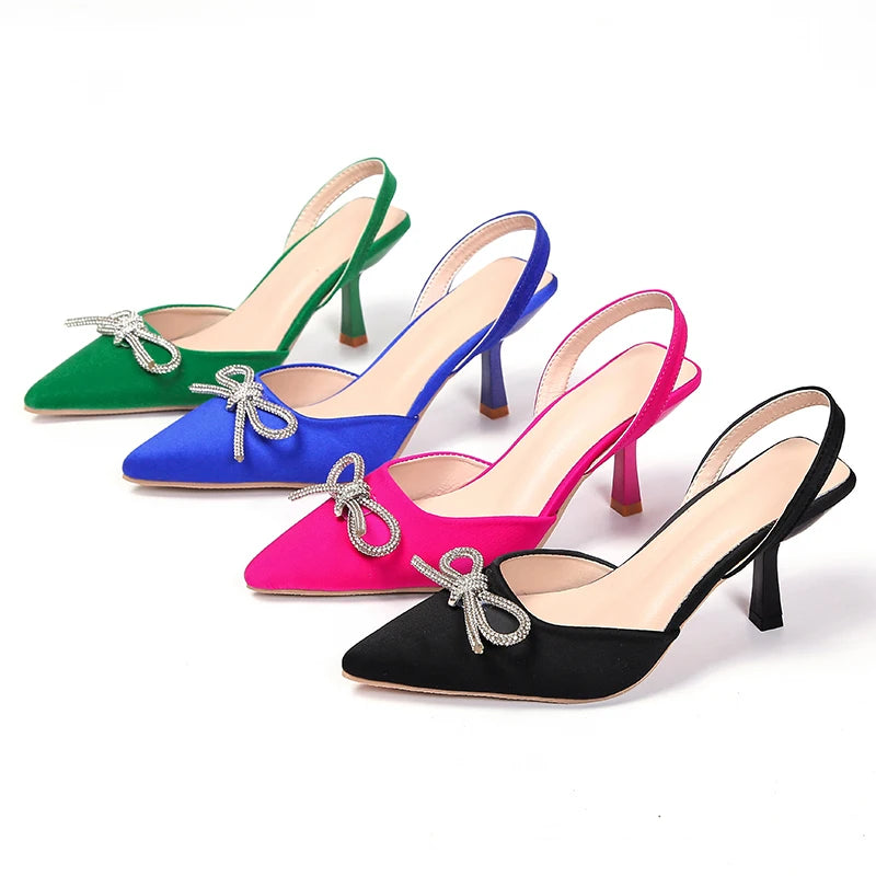 Plus-size pointed-toe high-heeled sandals - 2025 summer new style, high-quality, niche women's shoes, bow tie thin heel sandals