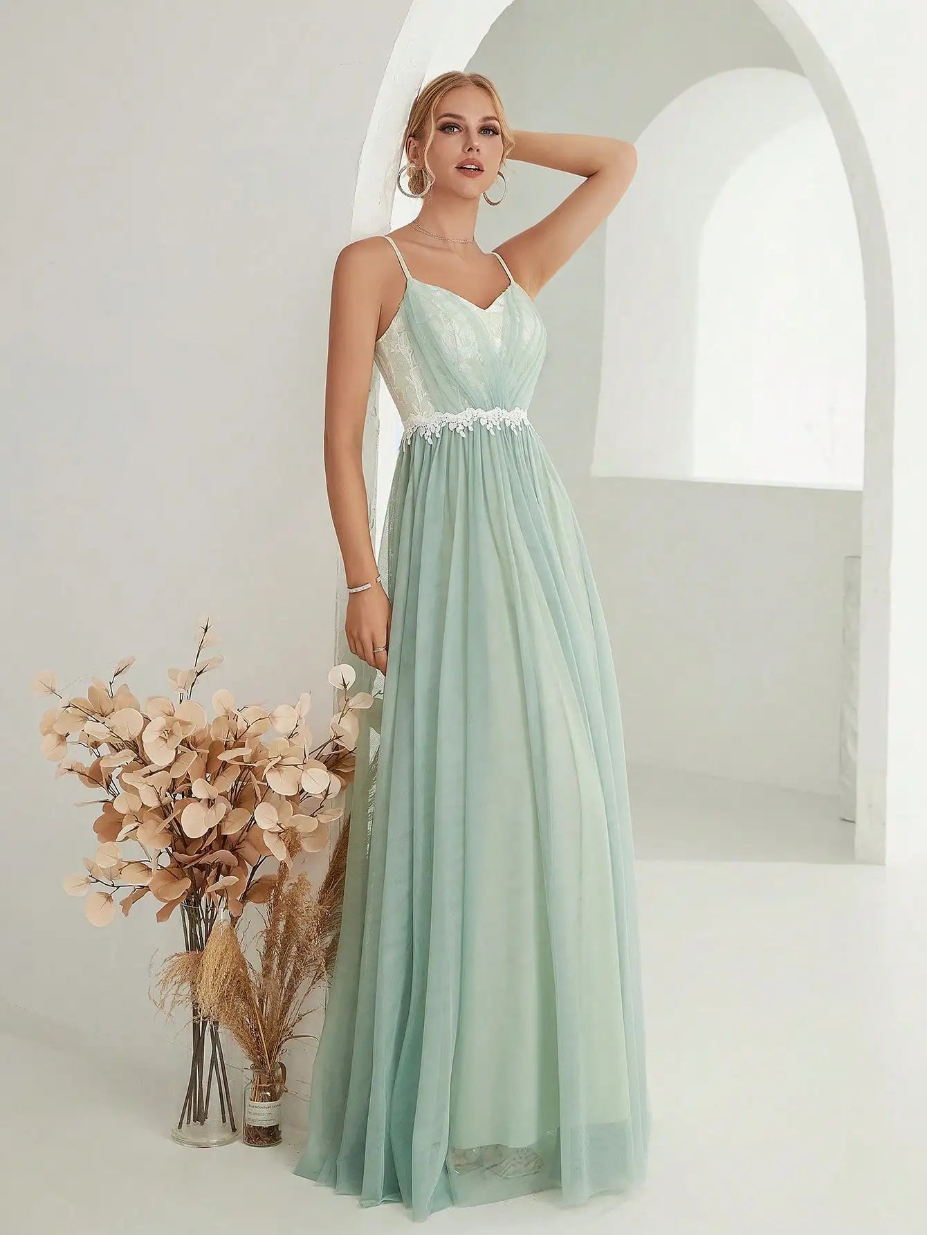 Mgiacy Halter mesh cross folding lace contrasting long dress