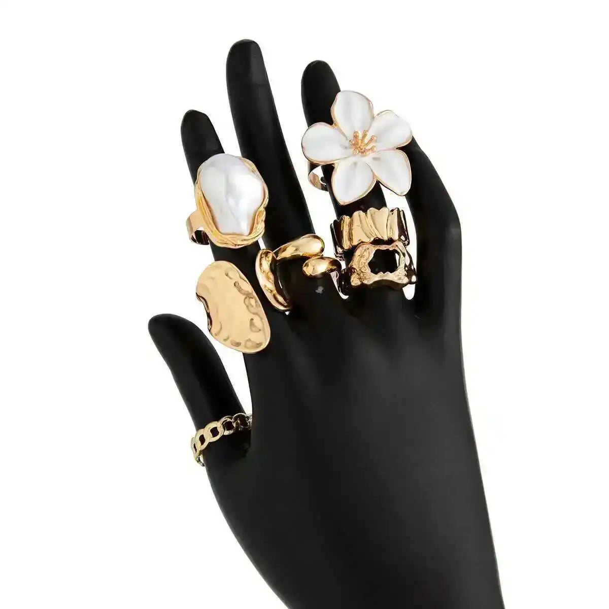 KunJoe 7Pcs/Set Imitation Pearl White Flower Open Ring for Women Trendy Geometry Water Drop Adjustable Finger Ring Jewelry Gift