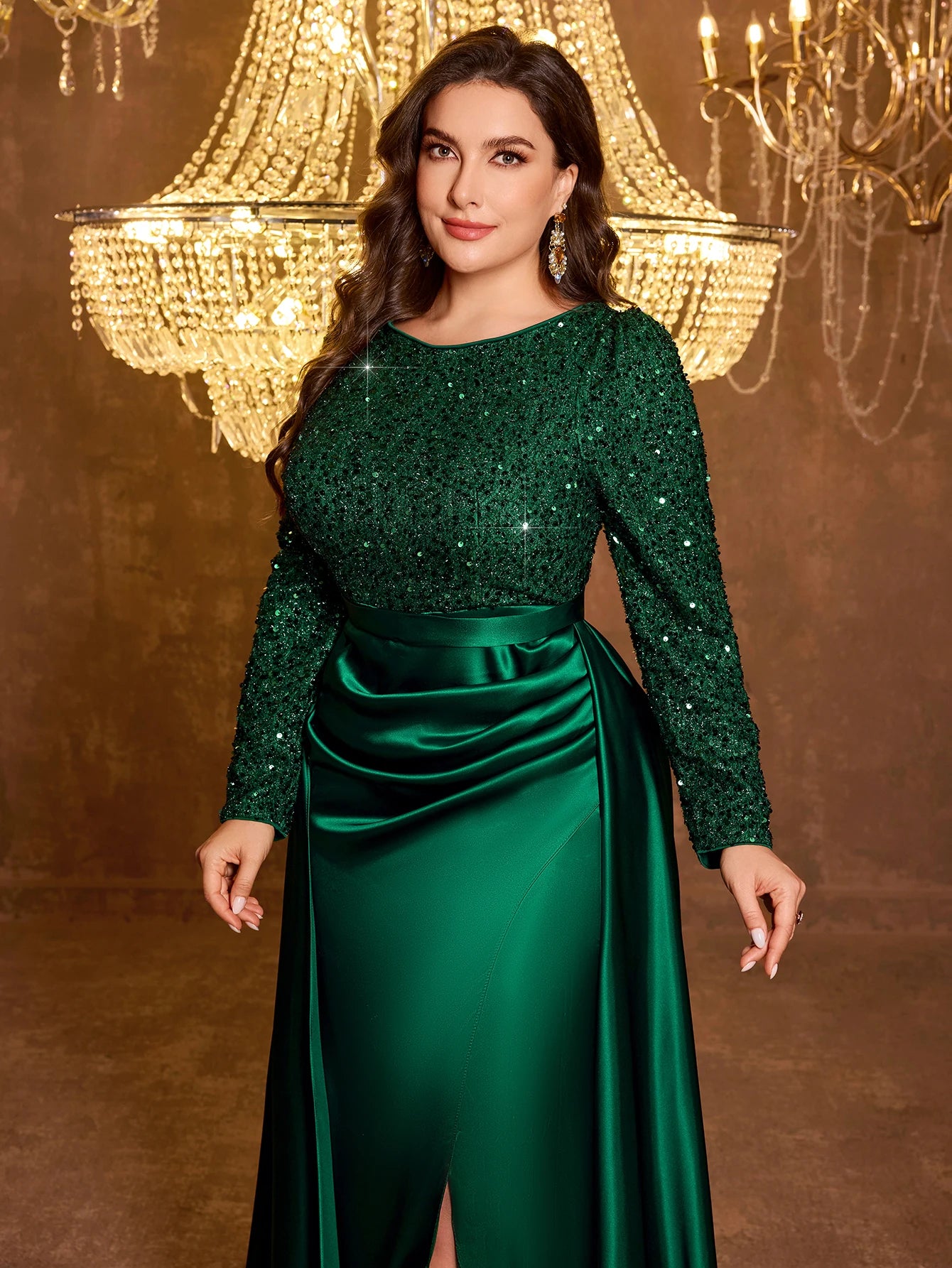 UNITHORSE Plus Size Round Neck Sequin Patchwork Satin Pleated Decor Shiny Luxury Evening Gown