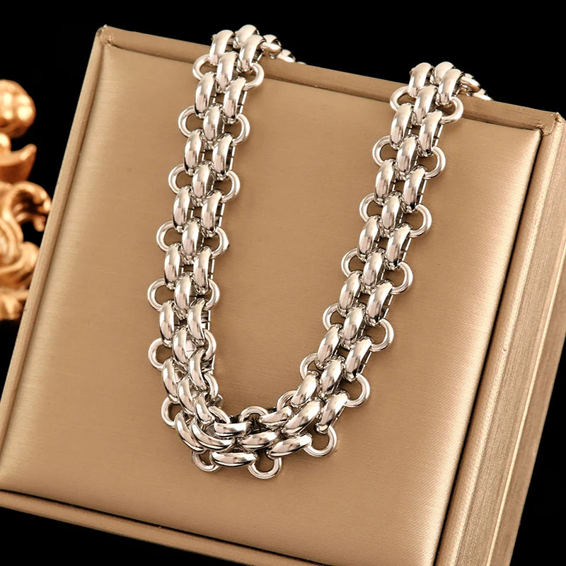 EILIECK 316L Stainless Steel Silver Color Cuban Chain Statement Necklace Bracelet Set Charm Fashion Women Waterproof Jewelry Set