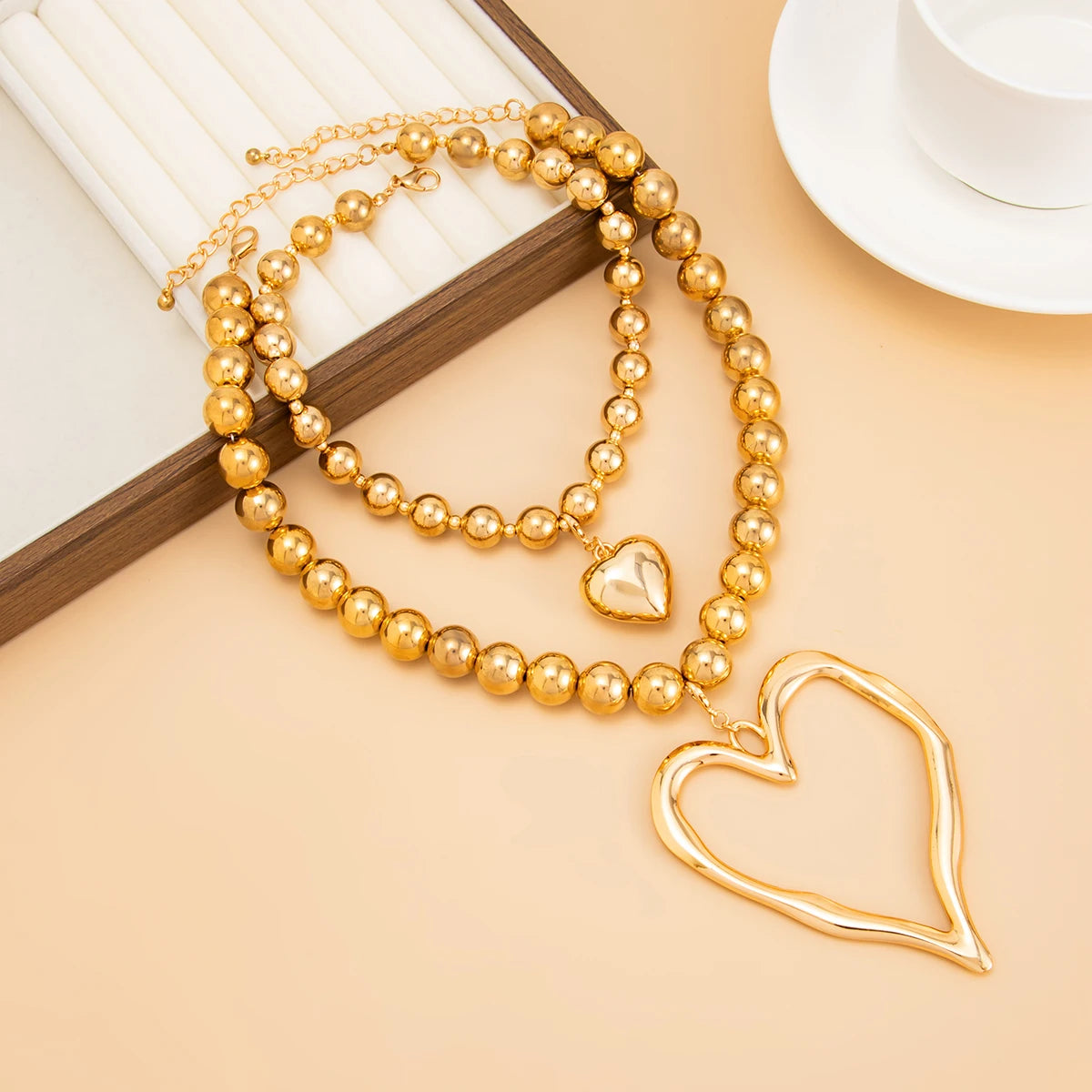 Salircon 2Pcs/Set Exaggerated Hollowout Large Heart Pendant Necklace for Women Punk CCB Beaded Choker Chain Party Jewelry Gifts