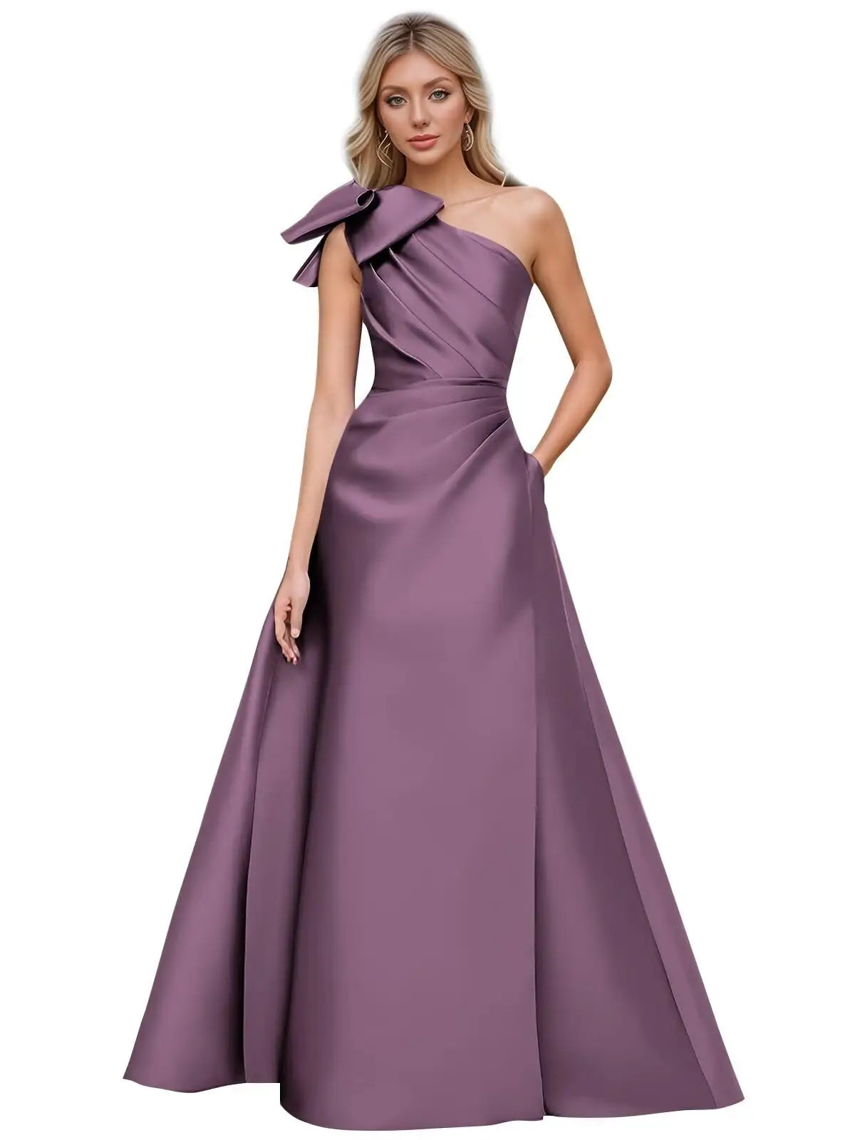 Women’s One Shoulder Prom Dresses Satin Mother of The Bride Dresses A Line Modest Formal Evening Gown with Bow