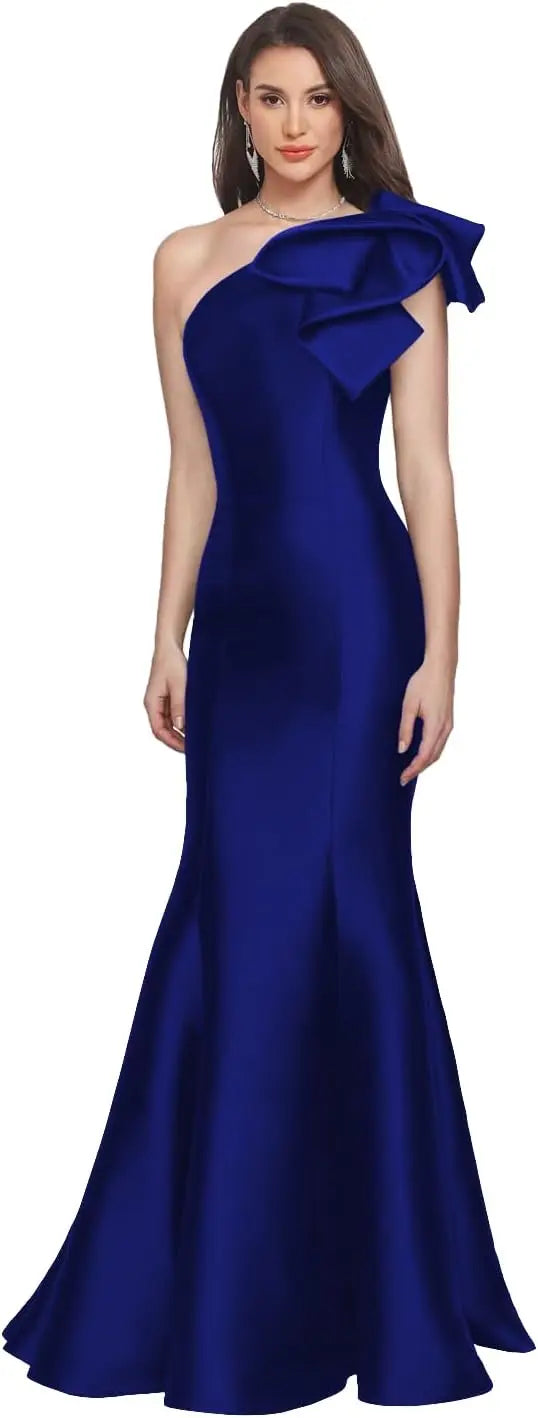 One Shoulder Prom Dresses Satin Mermaid Long Gowns With Bow