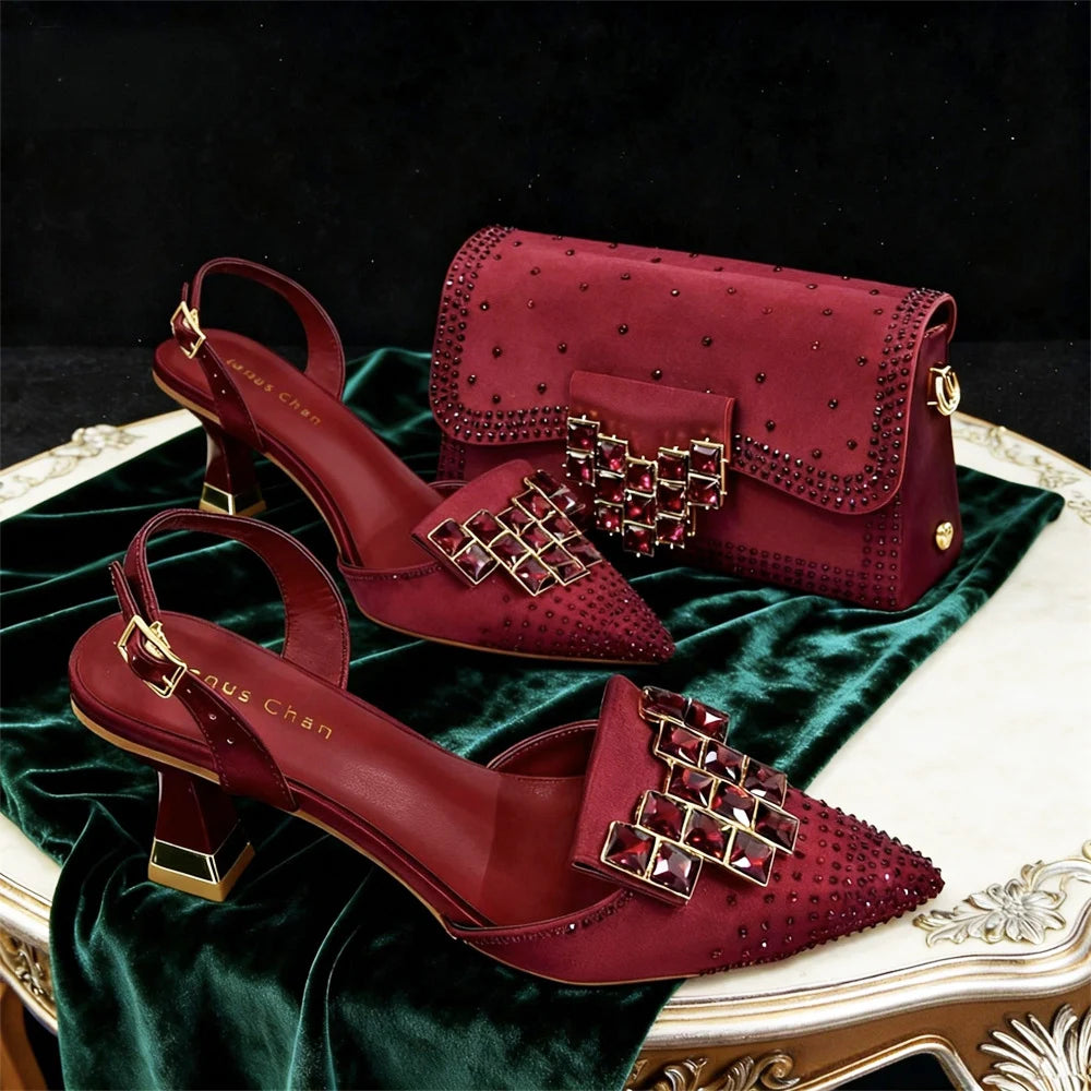 Chic Orange Rhinestone High Heels with Matching Handbag - Elegant Pointed-Toe Women's Shoes Perfect for Parties