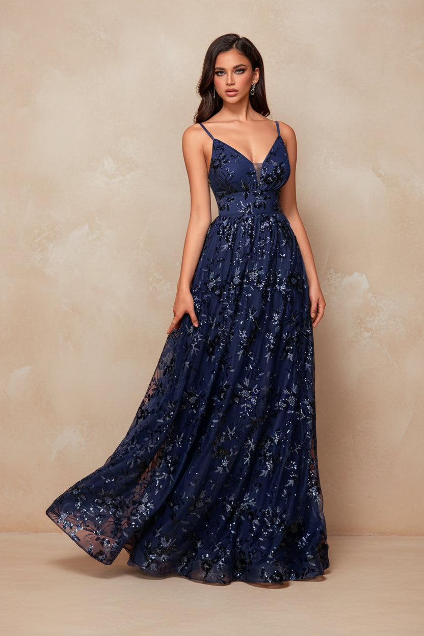 Elegant Sequins Sexy Backless Evening Dress For Women Deep V-neck Prom Party  Dress Floor Length Blue Formal Gowns
