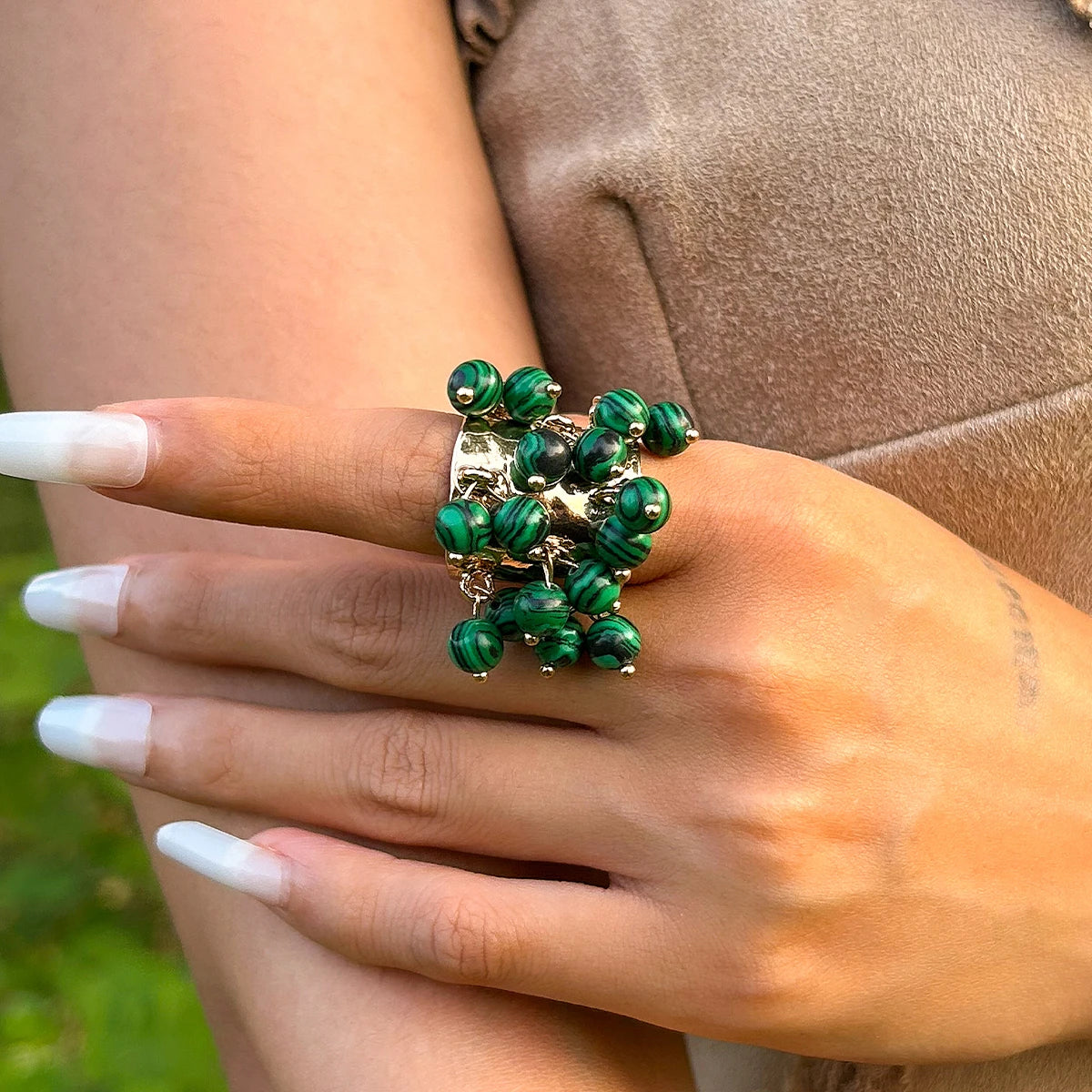 KunJoe Vintage Colourful Natural Stone Beads Open Ring Women Bohemian Imitation Pearl Chunky Wide Finger Rings Party Accessories