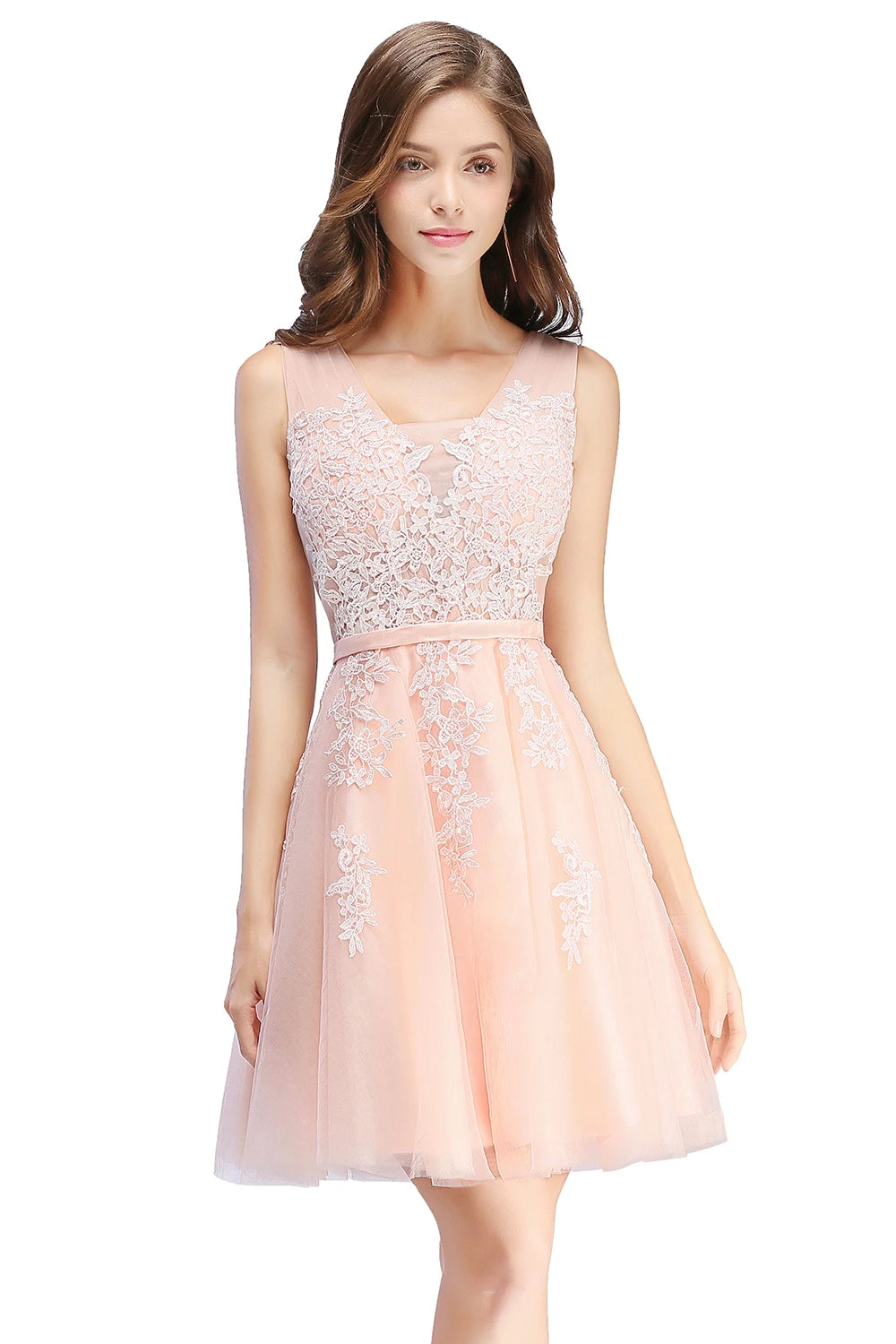 BABYONLINE Burgundy Bridesmaid Dresses with Lace Appliqué, V-Back & Flowy Tulle Skirt for Weddings,Elegant Short Party Dress