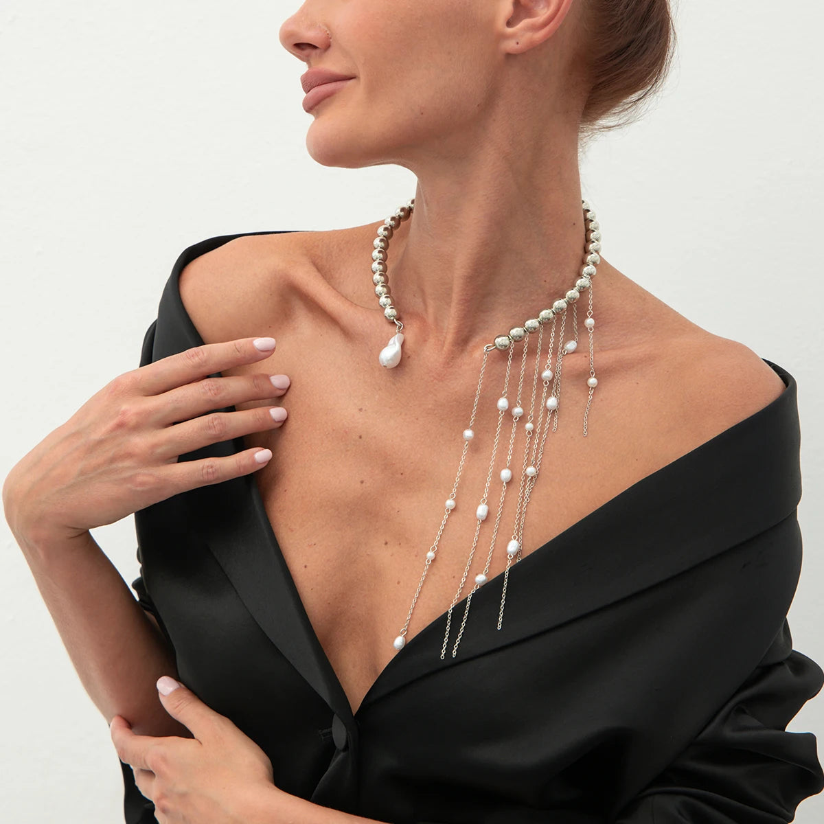 Salircon Exquisite Imitation Pearl Tassels Open Choker Necklace Women Fashion Long Tassel CCB Beads Clavicle Chain Jewelry 2025