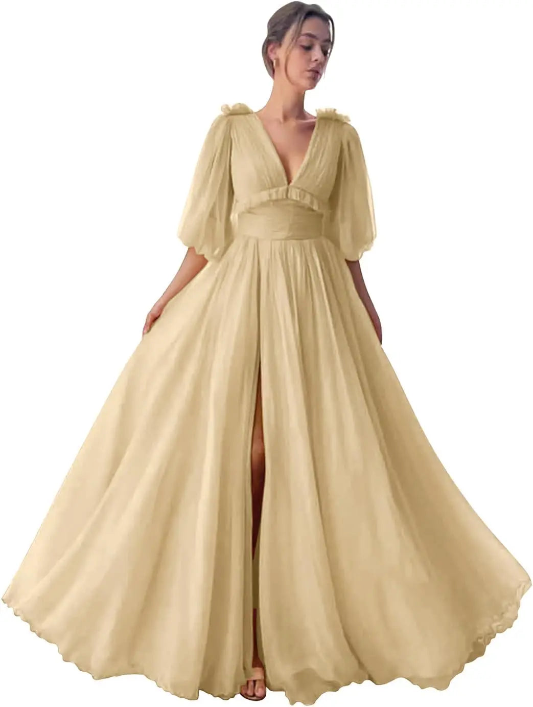 Long Slit Ball Gowns Formal Dresses for Women Evening Party Gown Formal Dress Women Elegant Puffy Sleeve Tulle Prom Dresses 2026