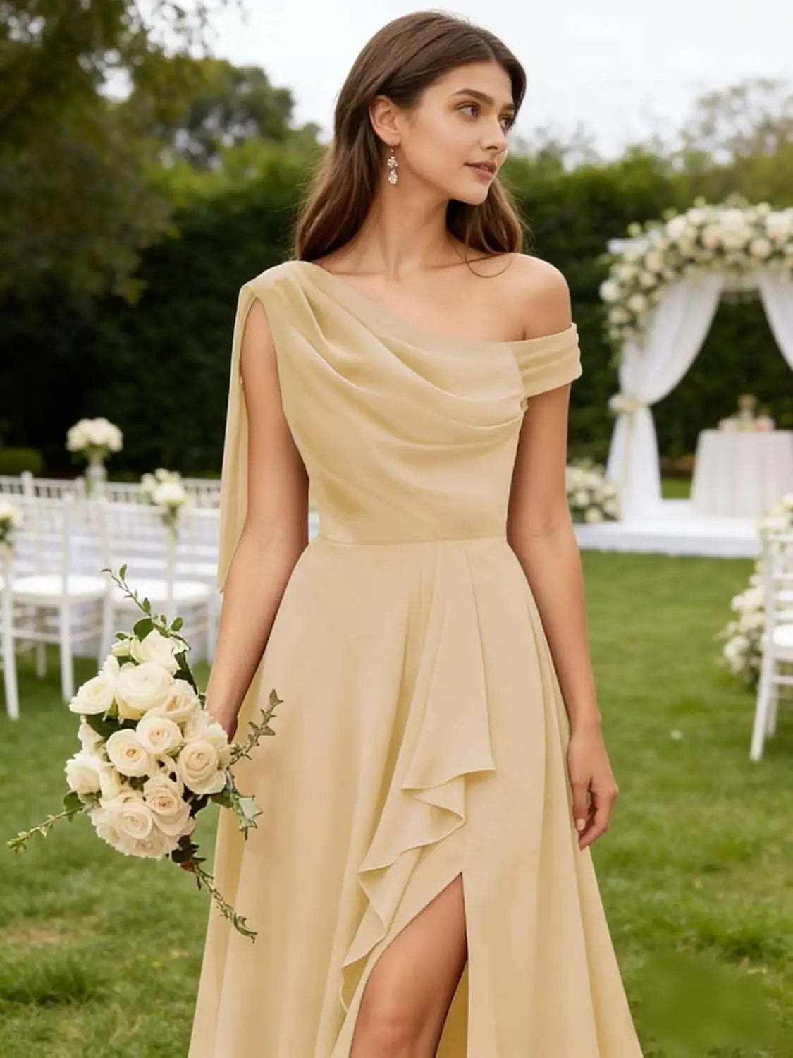 Chiffon One Shoulder Bridesmaid Dresses for Women with Pleated Ruffles A Line Long Formal Dress with Slit