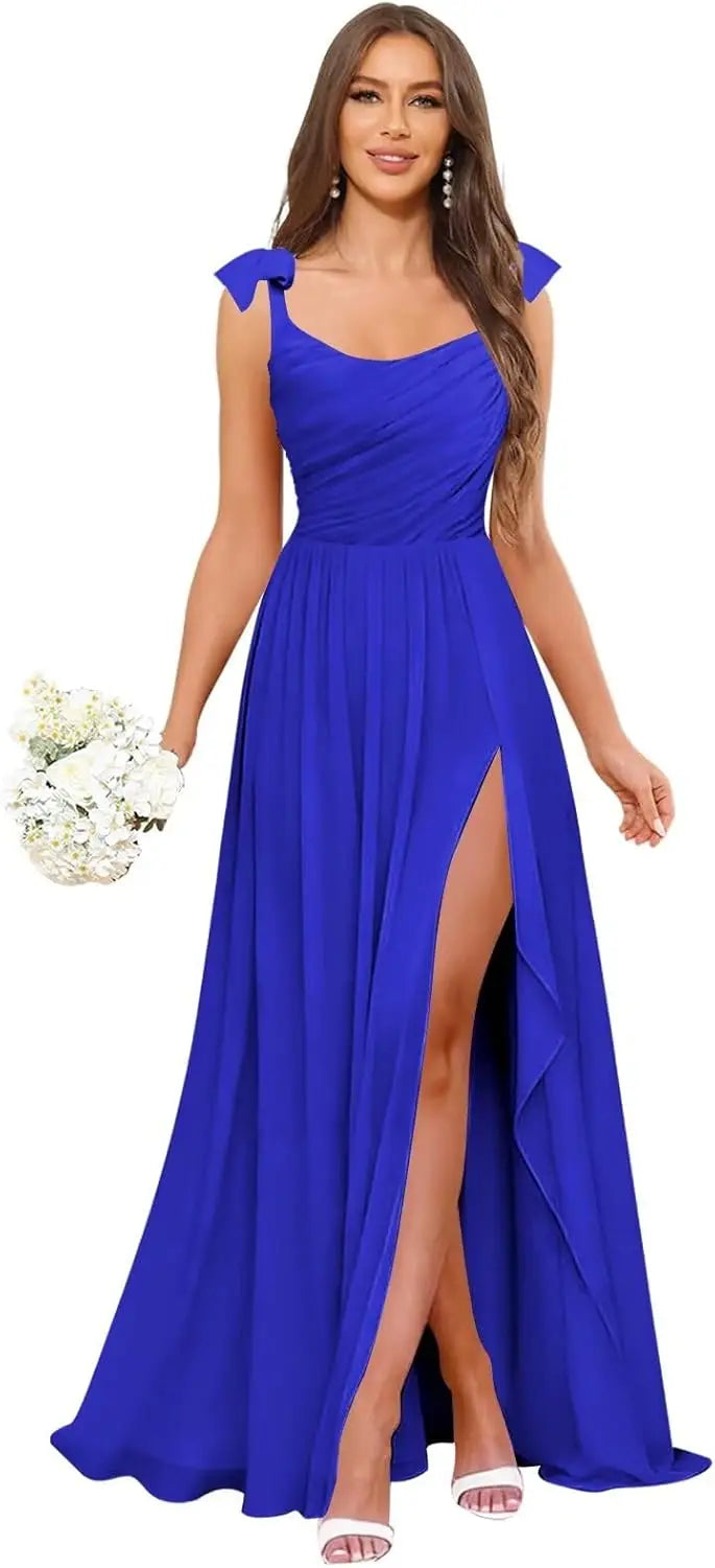Square Neck Bridesmaid Dress with Ruffle Slit Chiffon Spaghetti Straps Ruched Bust Long Formal Prom Wedding Guest Gown