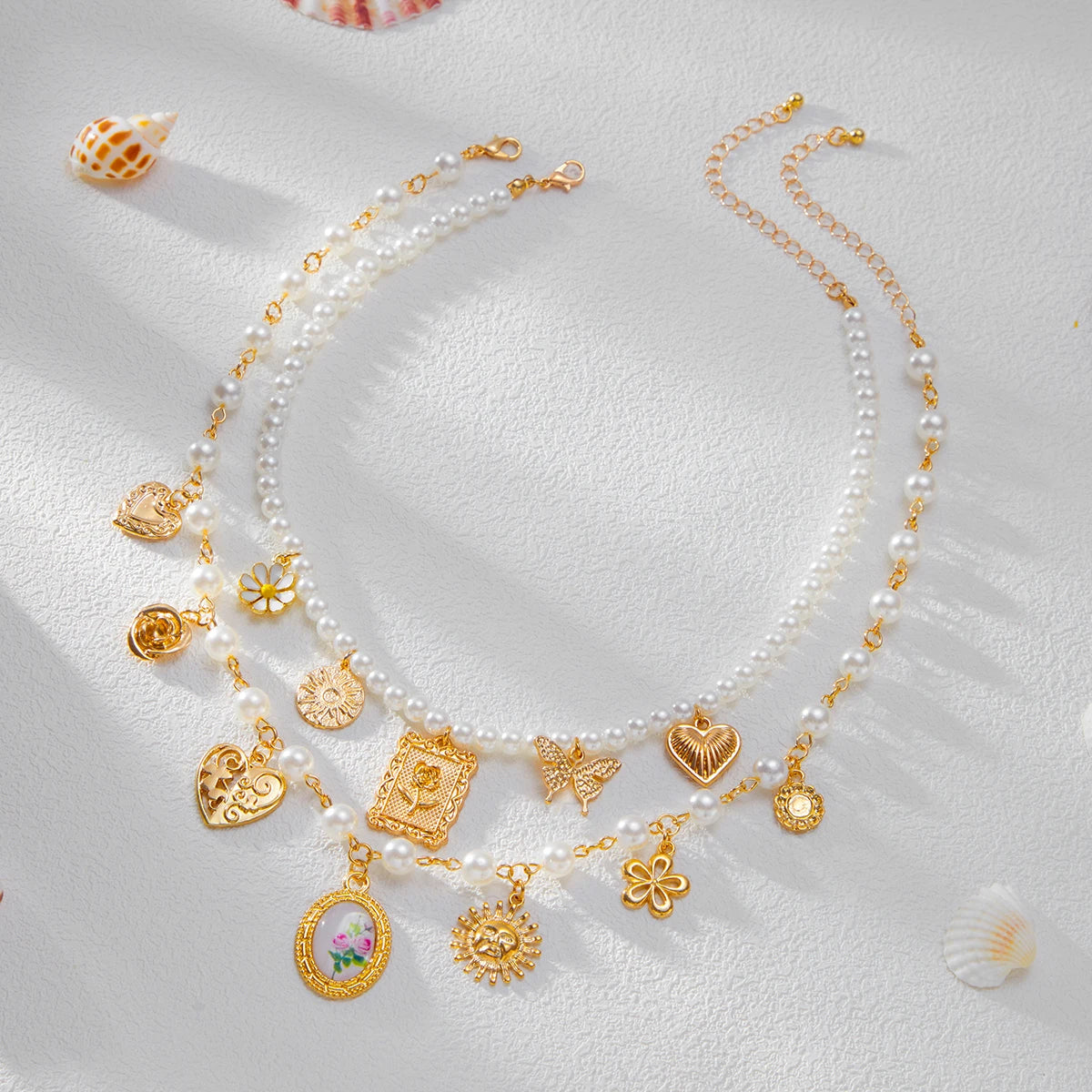 Salircon Exquisite 2Pcs/Set Butterfly Sunflower Heart Pendant Necklace Women luxury Imitation Pearl Charm Trendy Choker Jewelry