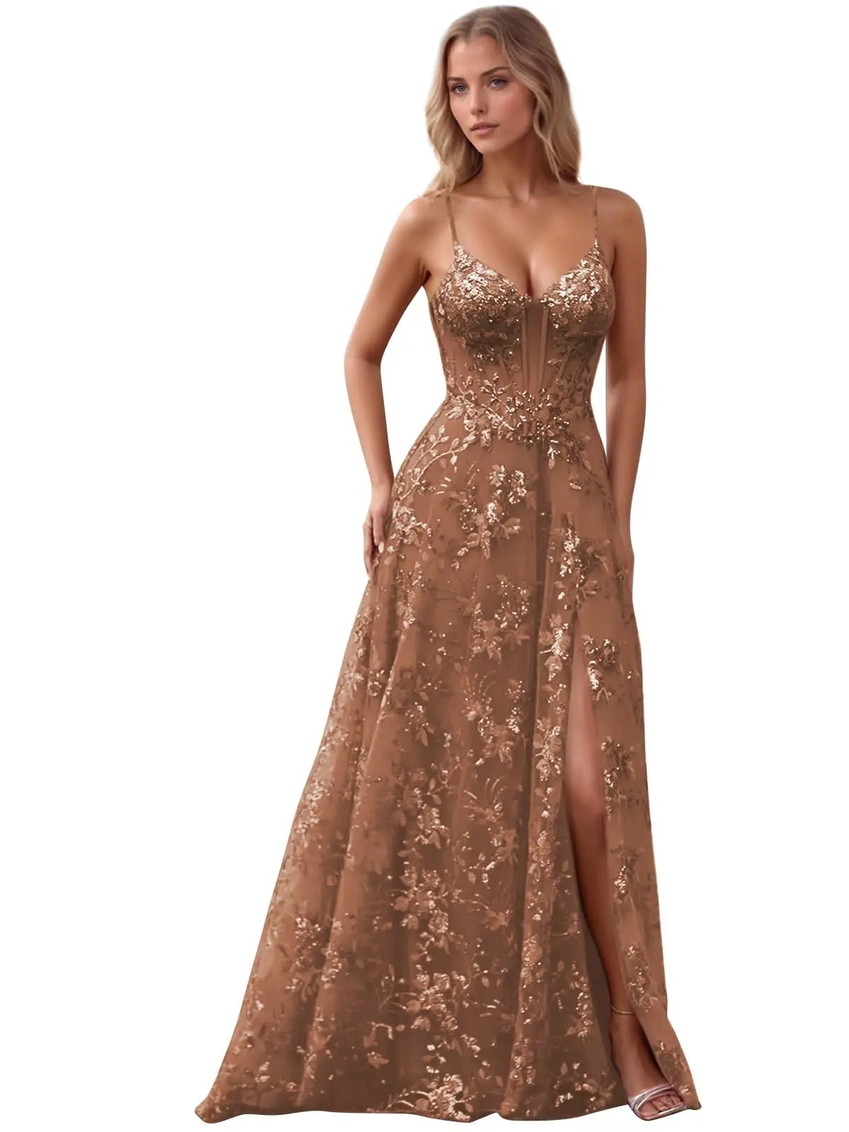 Spaghetti Strap Tulle Appliques Prom Dresses with Slit V Neck Sequin Evening Gown Women Formal Pageant Dress Long Party Dresses