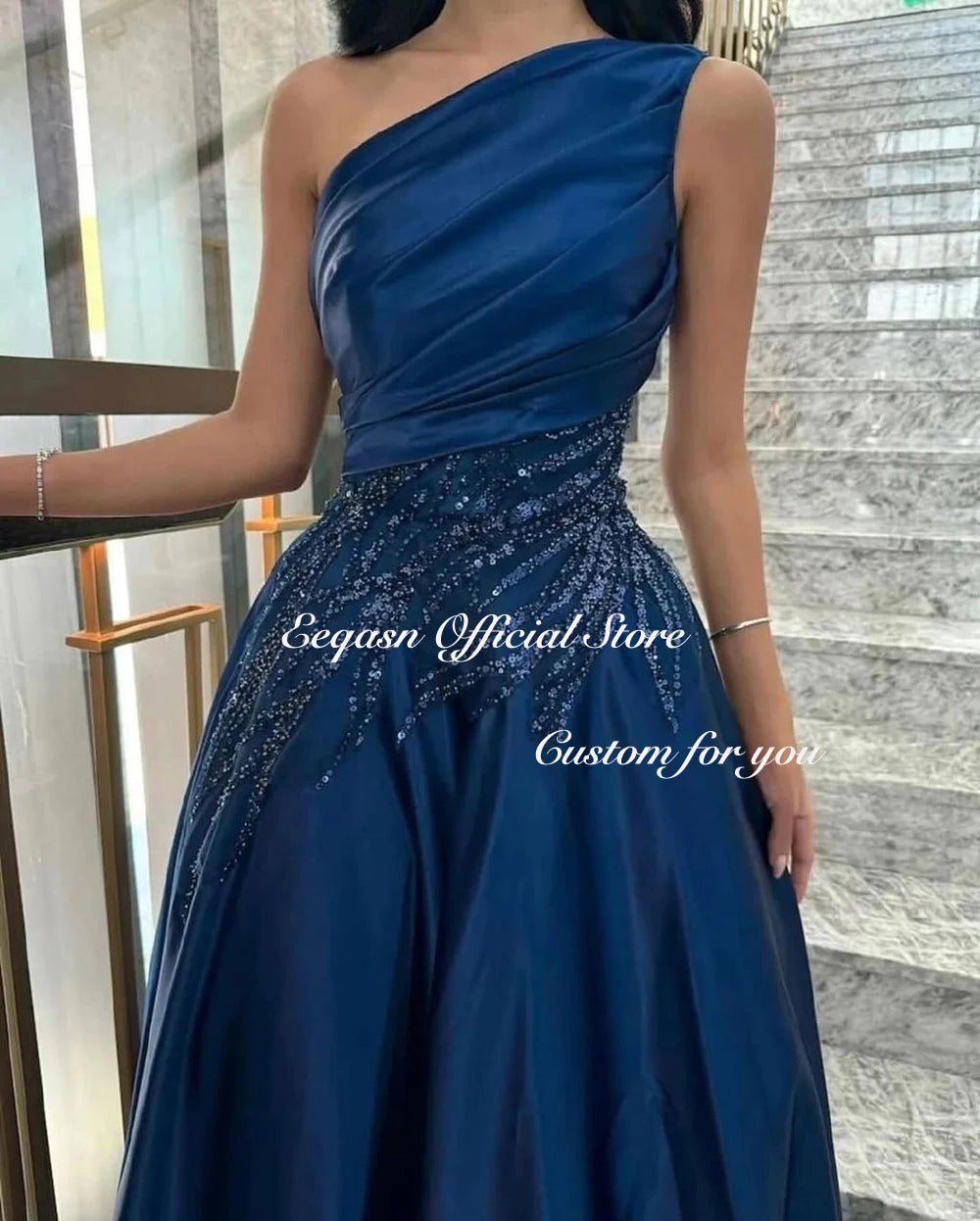 Customized One Shoulder robes de soirée Satin Sleeveless A - line Navy Blue Evening Party Dresses Floor - Length Prom Dress Formal - TrendNest