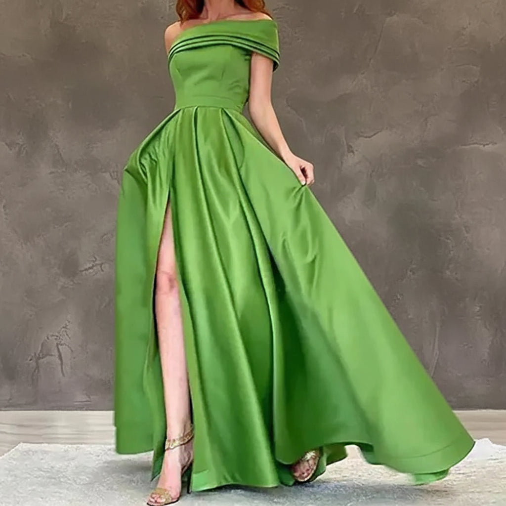 Women’s Elegant One Shoulder Satin Evening Dress Solid High Split A Line Cocktail Party Prom Gown Formal Maxi Dresses Vestidos