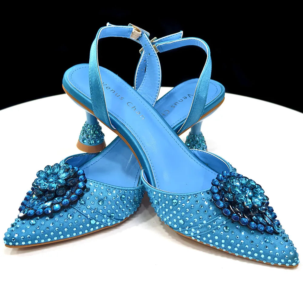 Venus Chan Blue Color Rhinestone Comfortable high heel shoe And Bag Fashion Style Pointed-Toe Shoes For Women Or Commuting Shoes