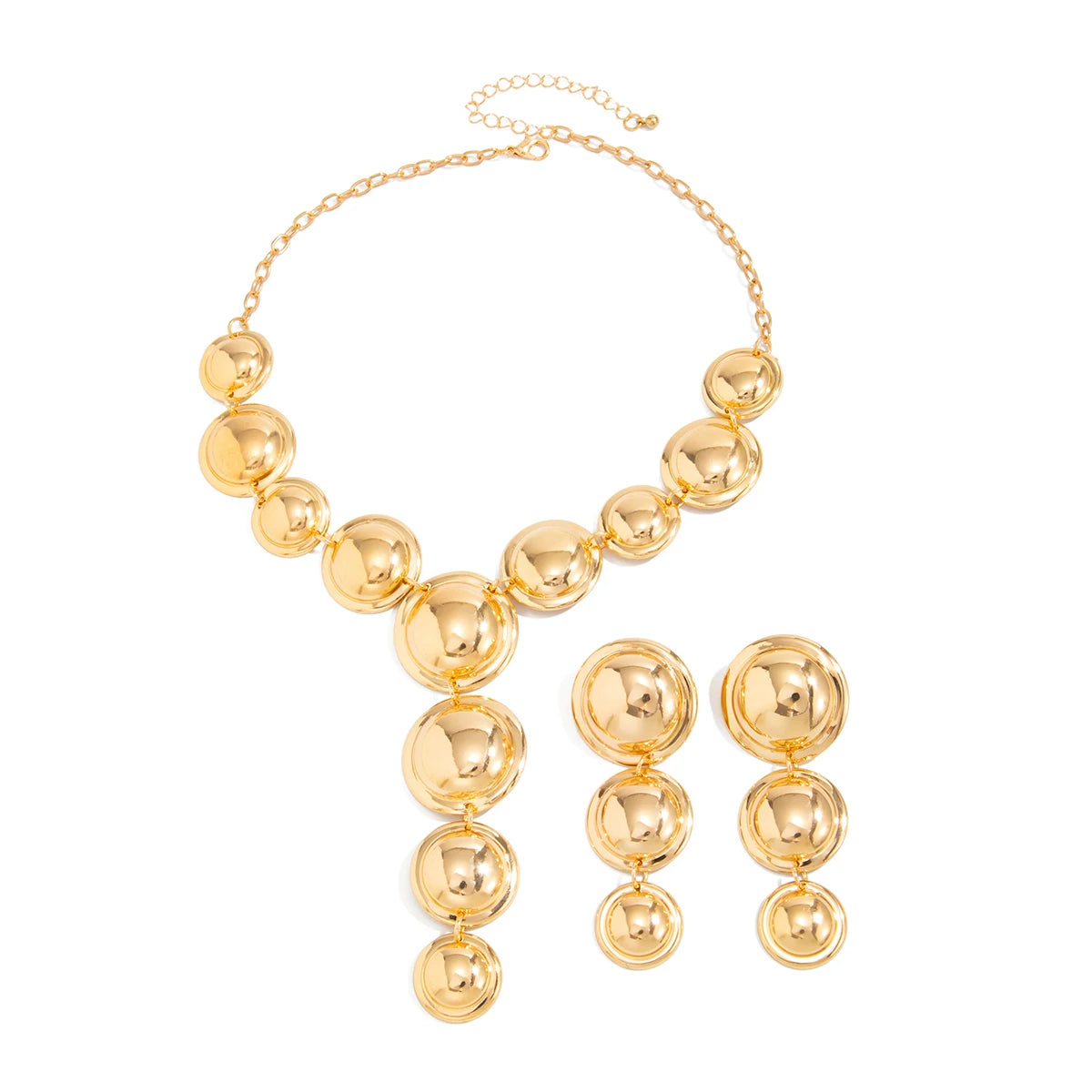 Salircon Women Punk Metal Y-Shaped Chain Jewelry Set Exaggerated Geometric Smooth Circular Spliced Long Necklace And Earrings
