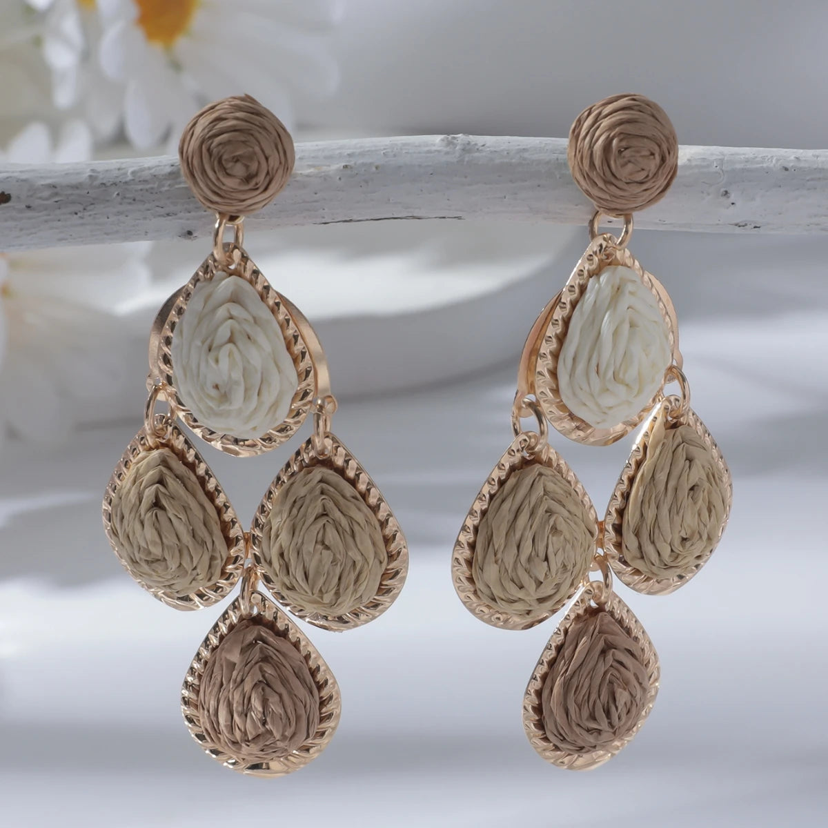 Women's Bohemian Fashion Handmade Water Drop Long Earrings Colorful Rattan Knit Raffia Hanging Party Jewelry Accessory