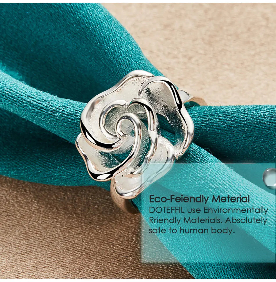 DOTEFFIL 925 Sterling Silver Rose Flower Blossoms Ring For Woman Fashion Wedding Engagement Party Gift Charm Jewelry