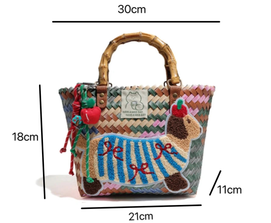Retro Striped Dachshund Dog Woven Bag Handbag Nylon Rope Pendant Tote Bag Hand Bag Women's Bag Beach Bag