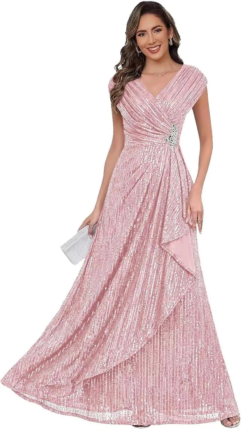 Sparkly Sequin A Line Mother of The Bride Dresses for Women Ruffles Long Formal Dress V Neck Evening Party Gown Dress