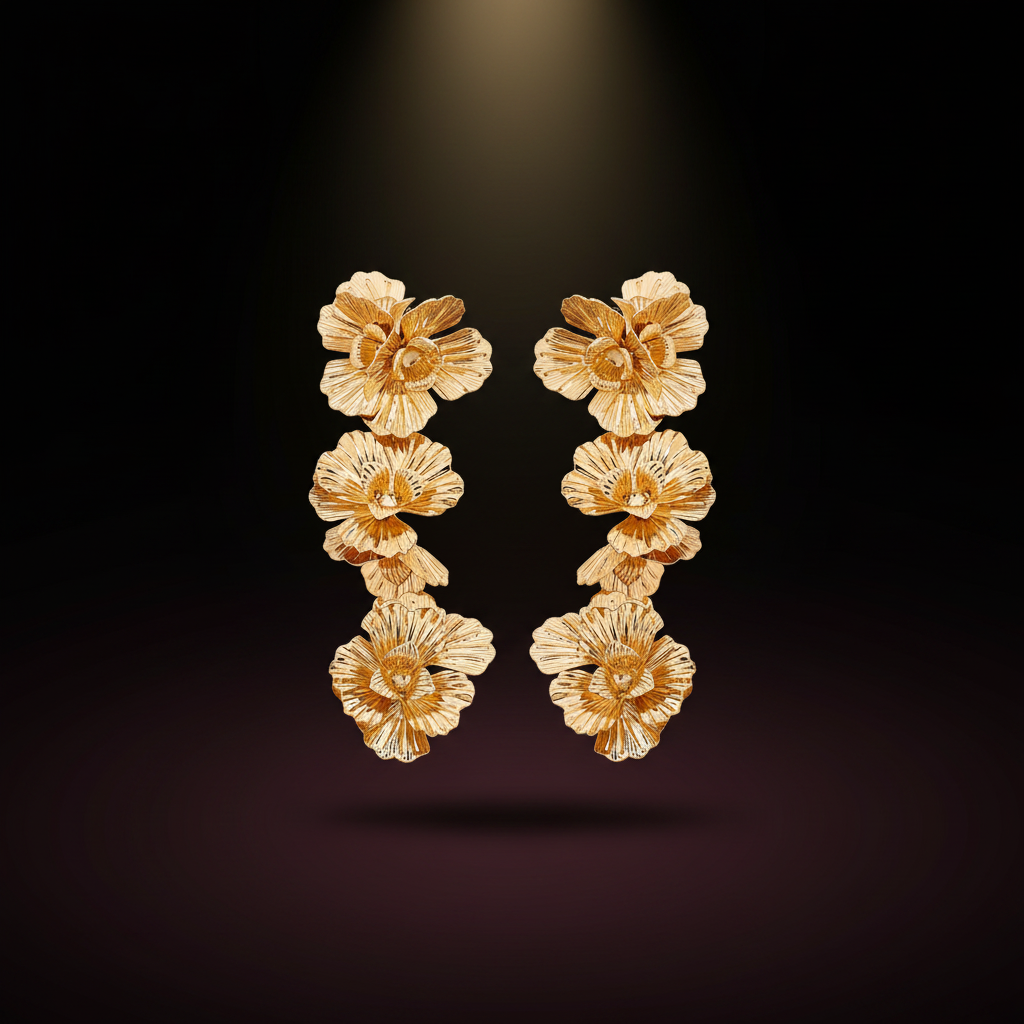 Women's Earrings, Metal Earrings with 3 Flowers, Sweet and Fashionable, Medium-Length, Suitable for Daily Wear and Vacation Wear