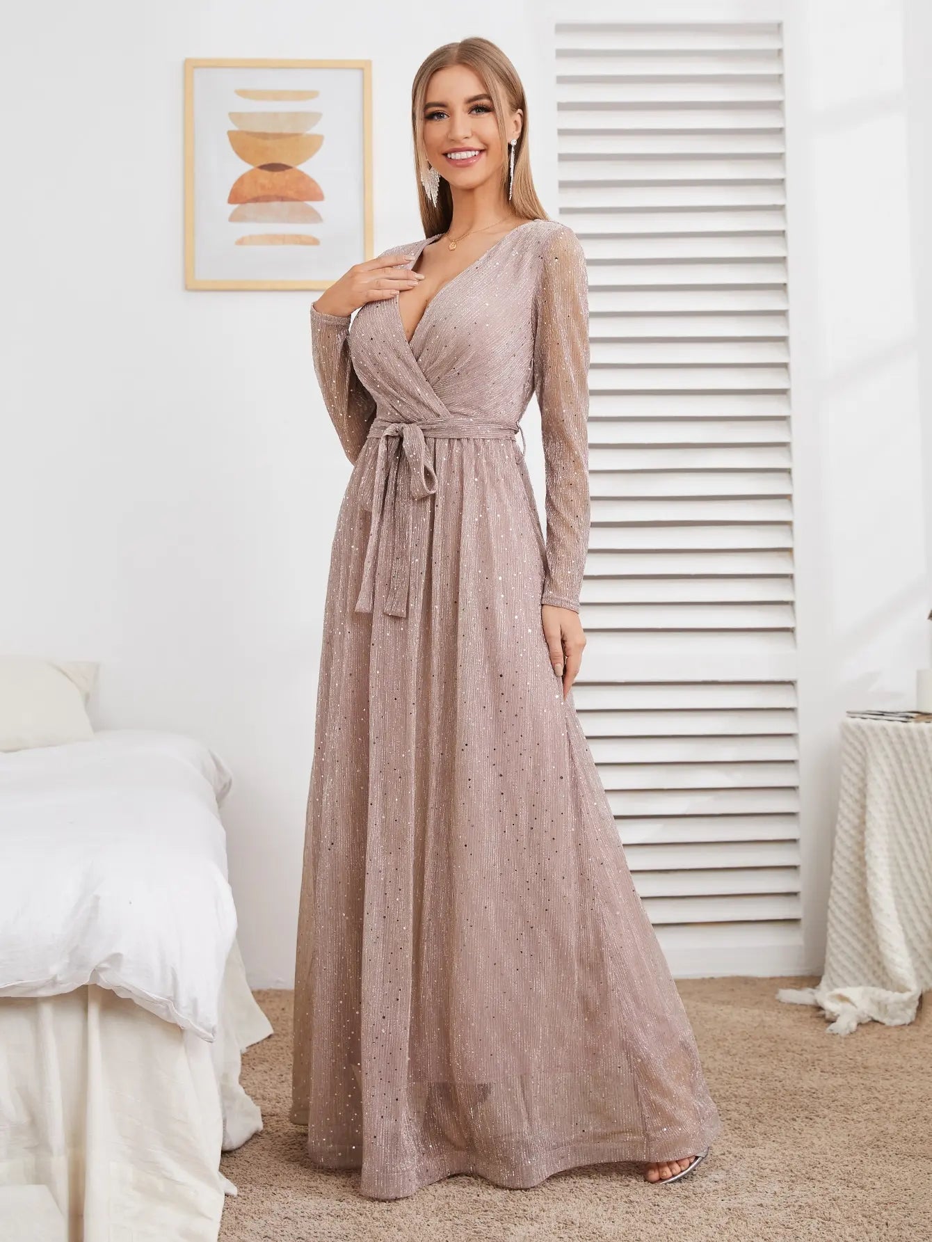 MGIACY V-neck mesh glitter gold elegant long-sleeved dress