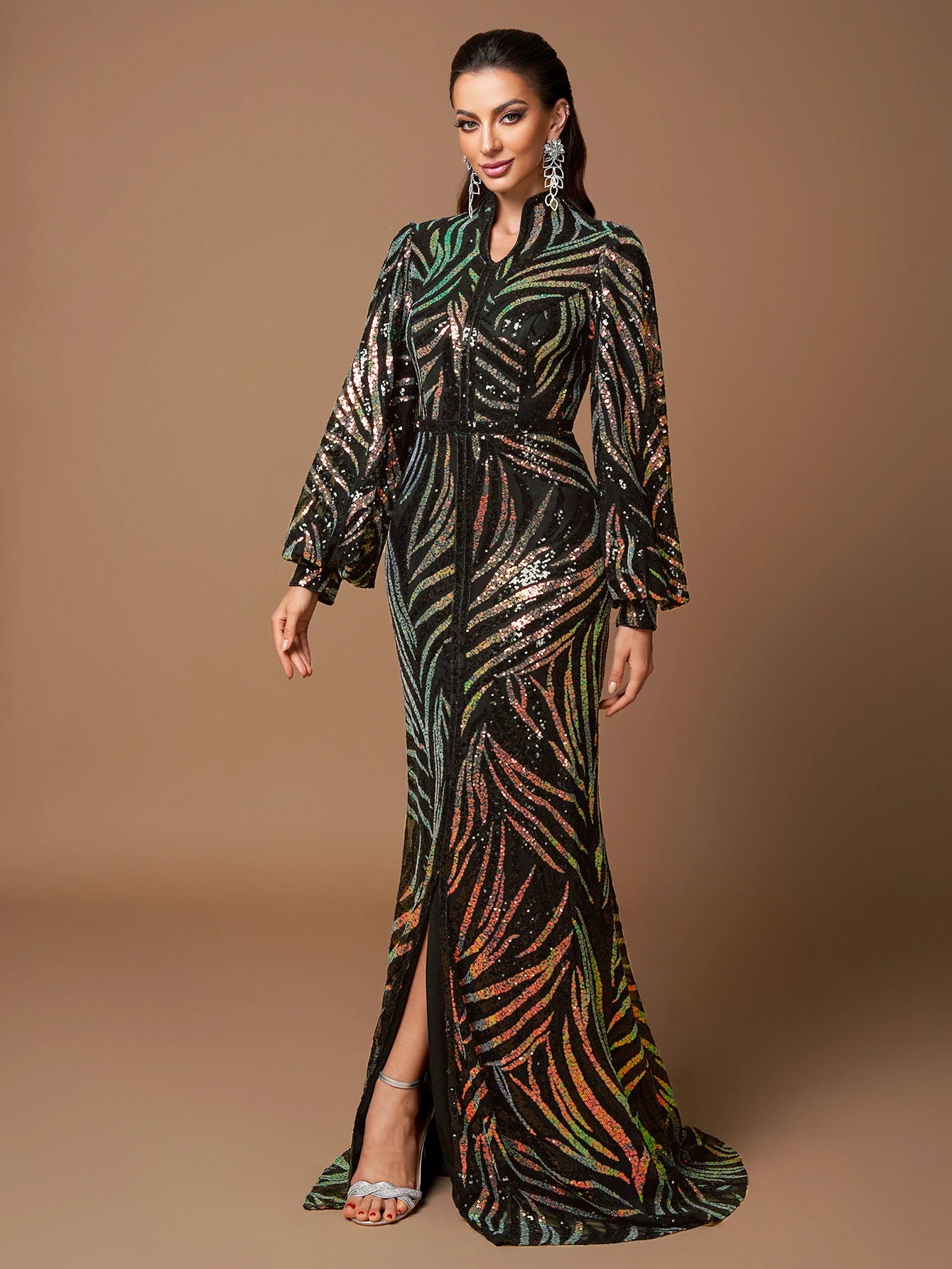 UNITHORSE Elegant Long-Sleeve Beaded Slit Evening Gown Random Cut Maxi Dress for Formal Occasions