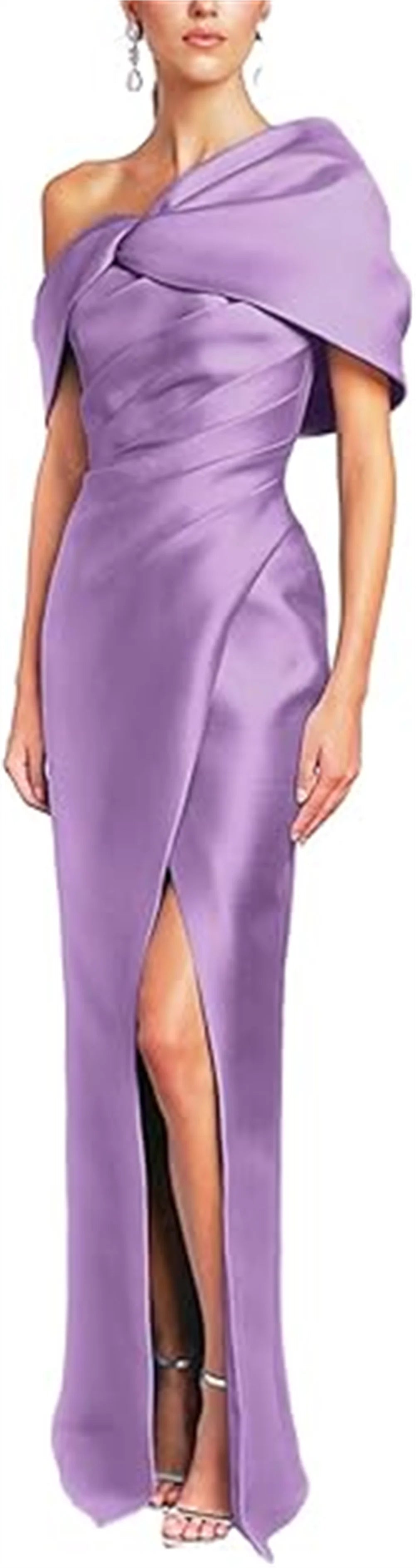 Women Mermaid Satin Floor Length Evening Gowns Sheath High Side Slit One Shoulder Ruched Backless Wedding Guest Dress