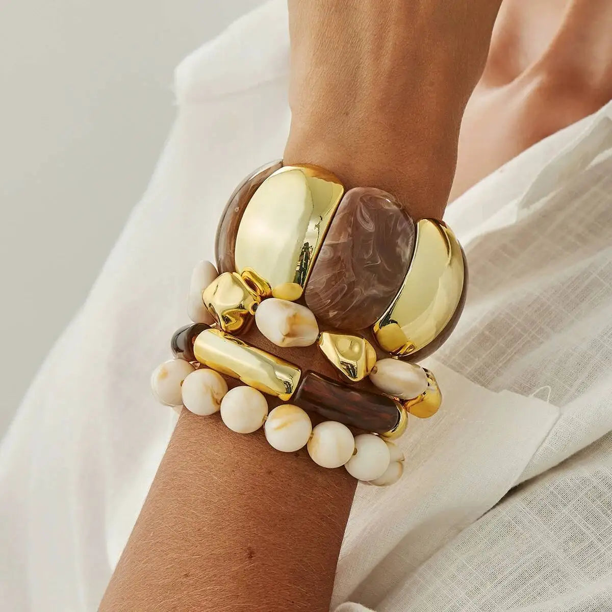 Salircon 4 Styles New Vintage Beige Coffee Resin Beaded Chain Bangle Bracelets Spliced Acrylic Bracelet for Women Ethnic Jewelry