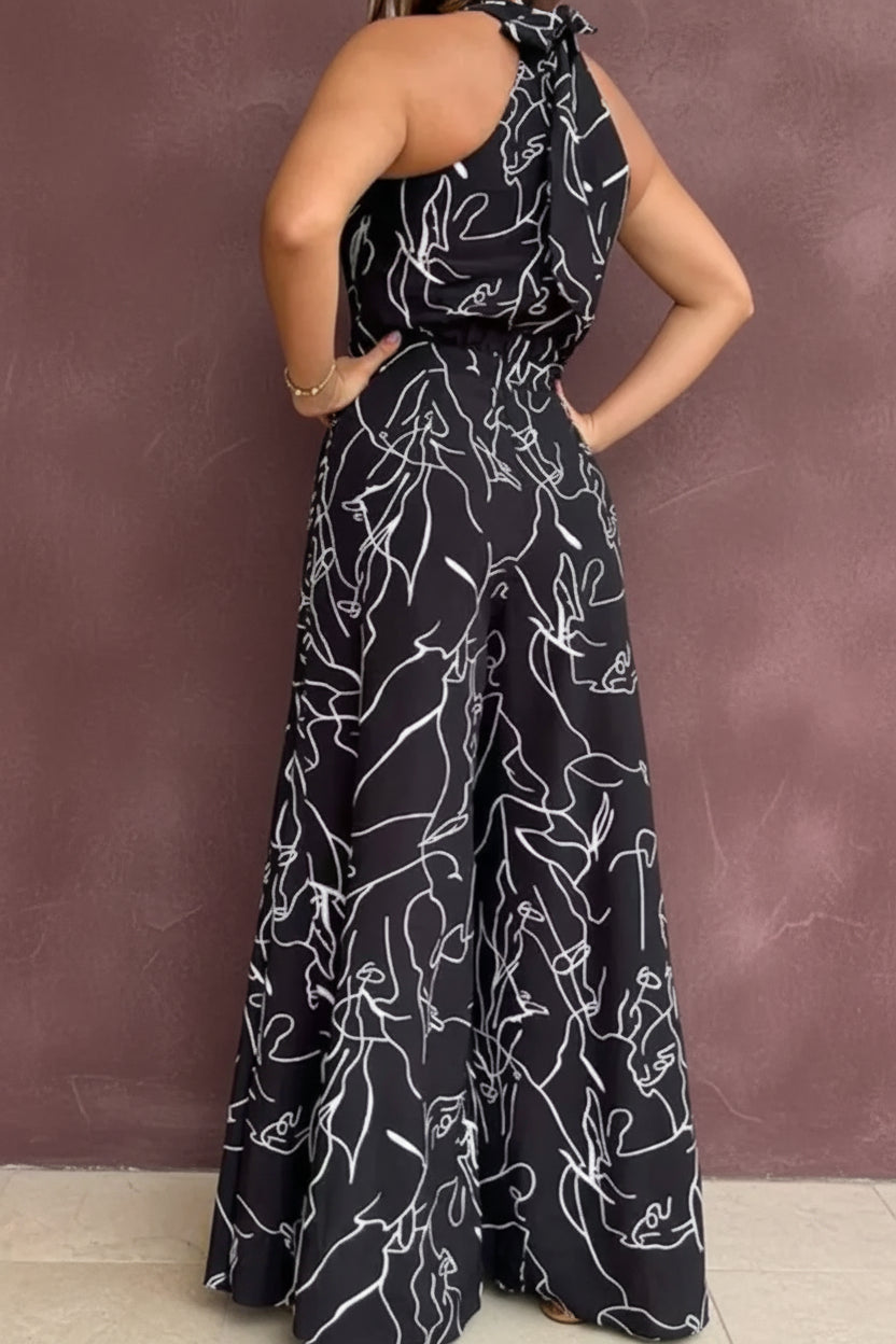 Summer Women's Elegant Waist Halter Jumpsuit Tie Sleeveless Wide Leg Long Pant Bodycon Abstract Print Streetwear Romper Mujer