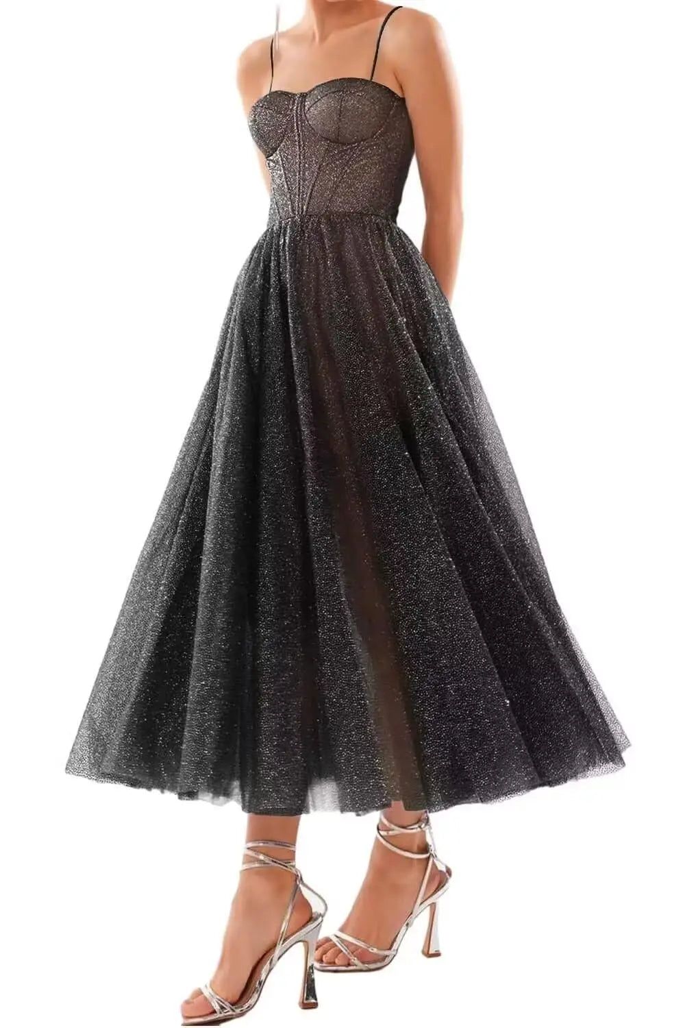 A Line Glitter Tea Length Formal Evening Cocktail Party Dresses for Women, Sequined Spaghetti Midi Corset Prom Gowns Cocktail