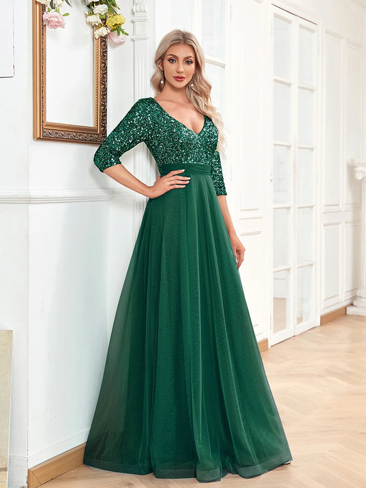 Luxury Green Floor Length V-Neck Evening Dress 2025 Women Elegant Party Maxi Dress Sequin Short Sleeves Prom Cocktail Gowns