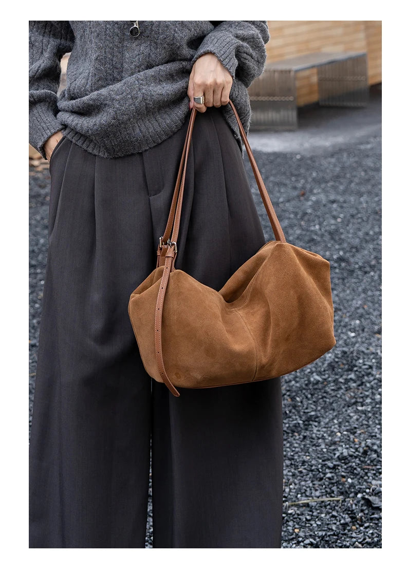 Women's Natural Nuede Genuine Leather Handbags Ladies large capacity Tote Bag Female Design Luxury Commuting Yoga Bag  hobo bag