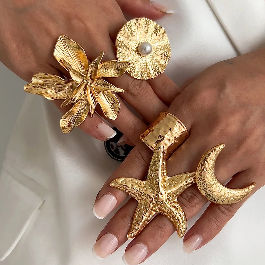 Salircon Exaggerated Vintage Big Starfish Moon Flower Ring for Women Trend Personality Metal Punk Party Finger Ring Jewelry
