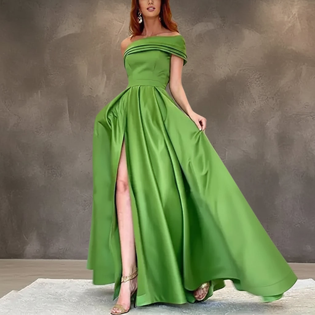 Women’s Elegant One Shoulder Satin Evening Dress Solid High Split A Line Cocktail Party Prom Gown Formal Maxi Dresses Vestidos