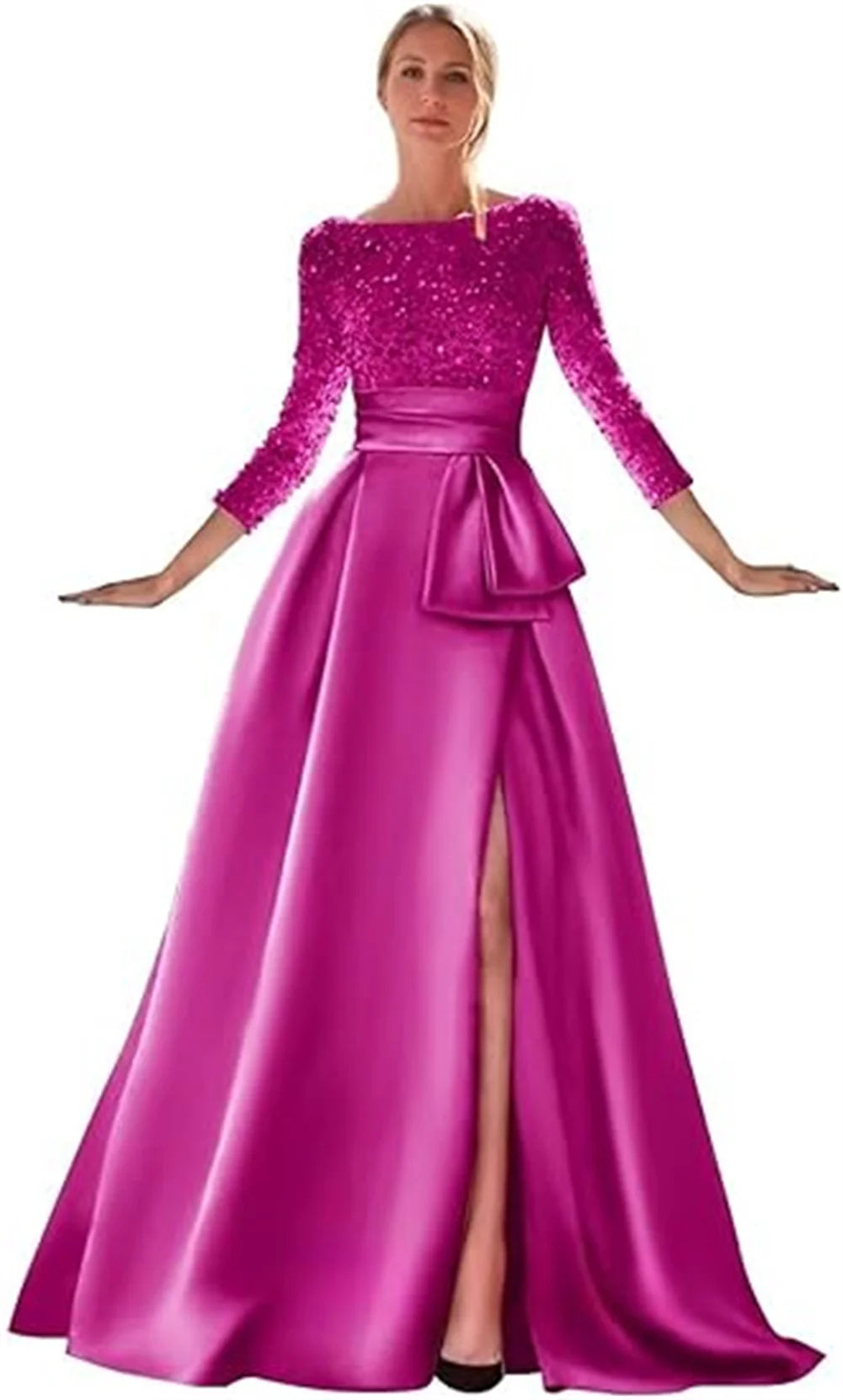 Long Sleeves Mother Of The Bride Dresses For Wedding Sparkly Sequin Ball Gowns Side Slit Satin Formal Party Prom Gown