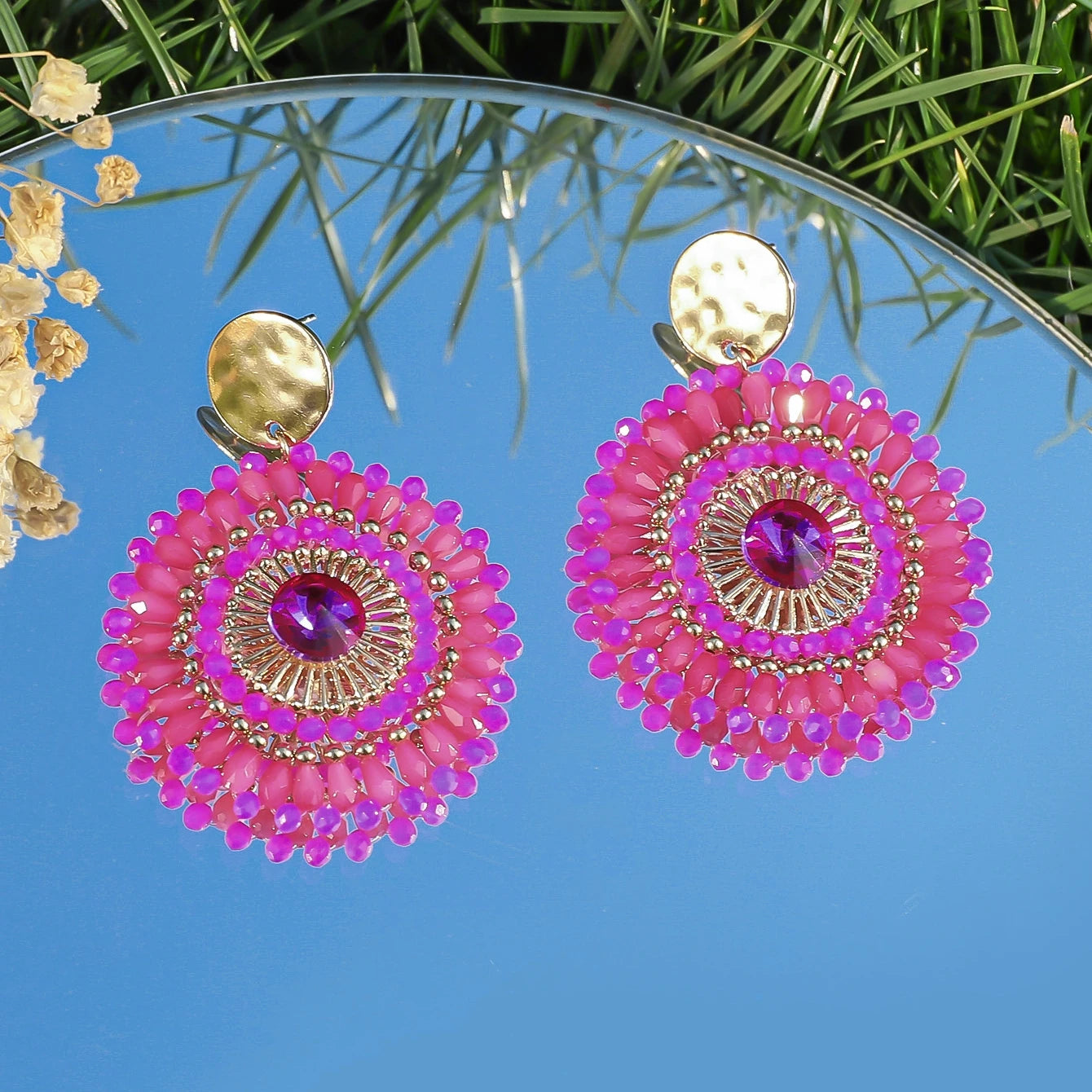 Bohemian Handmade Colorful Crystal Beads Flower Earrings for Women Trendy Ethnic Rhinestone Drop Earrings Summer Party Jewelry
