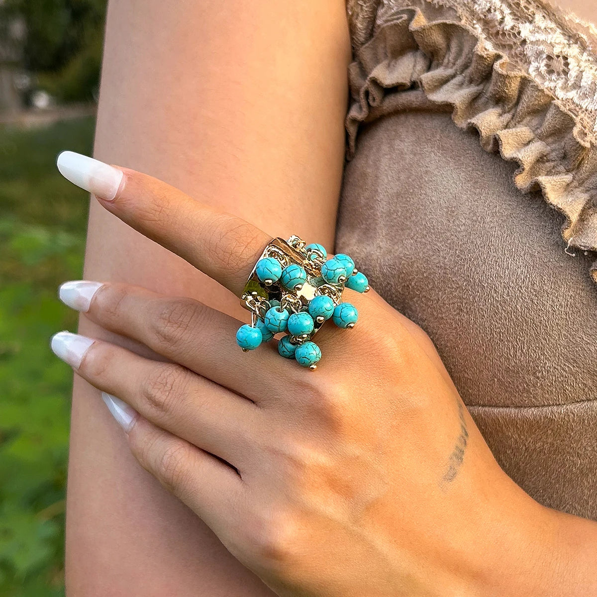 Salircon Trendy Imitation Pearl Stone CCB Small Ball Ring Women's Man 2024 Vintage Street Punk Hip Hop Ring Female Jewelry