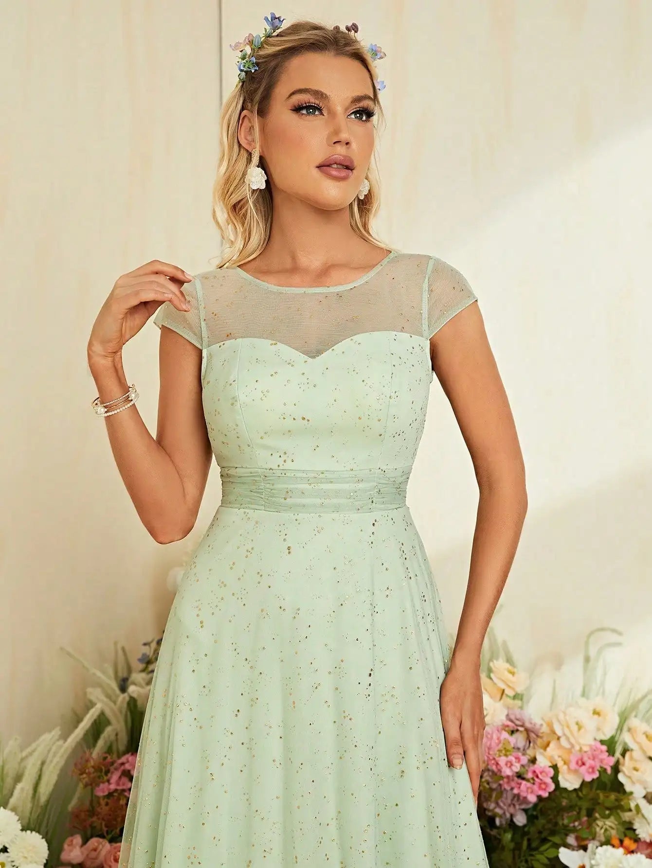 Mgiacy round neck short sleeve gold mesh full skirt Evening gown Ball dress Party dress